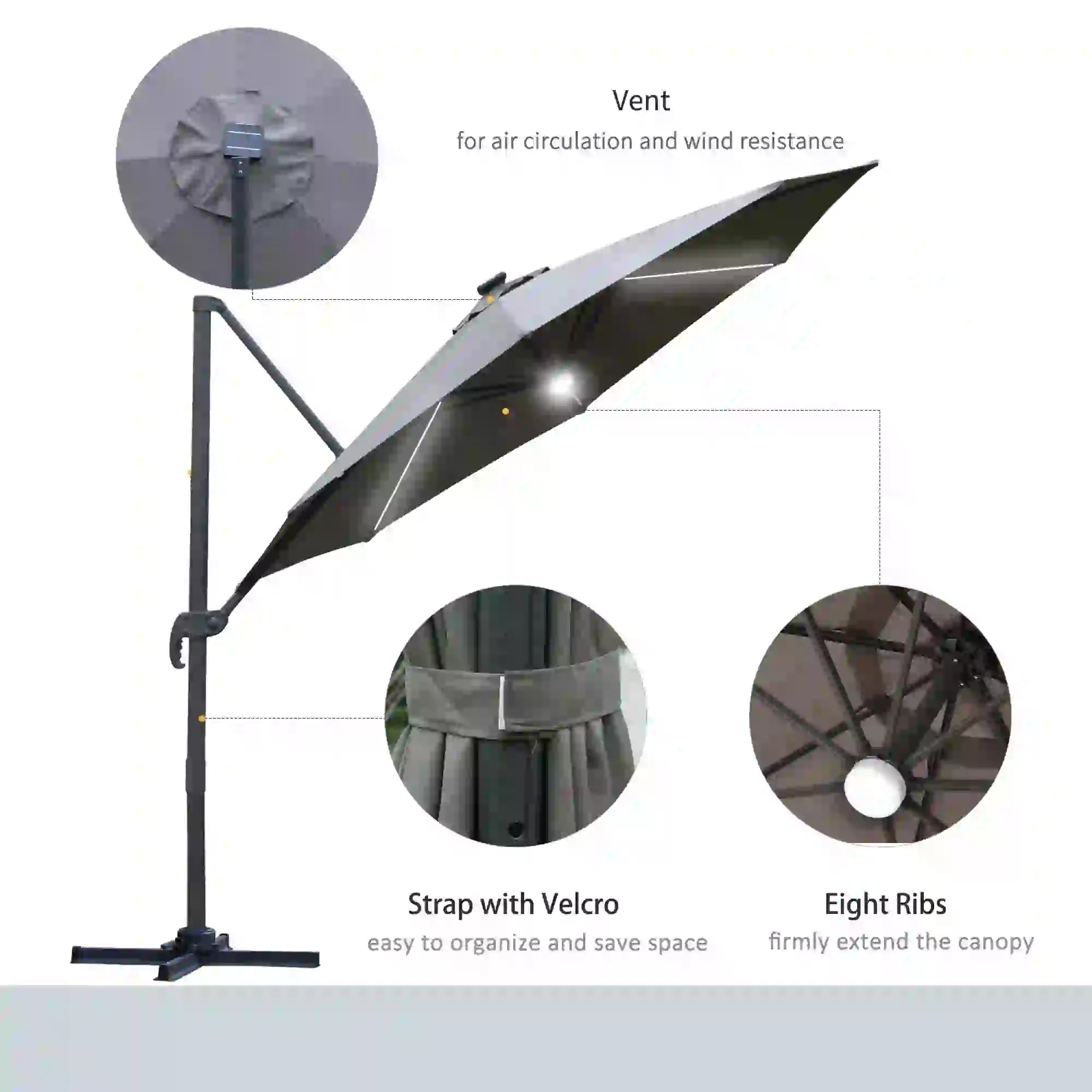 3(m) LED Cantilever Parasol Outdoor Sun Umbrella w/ Base Solar Lights Grey
