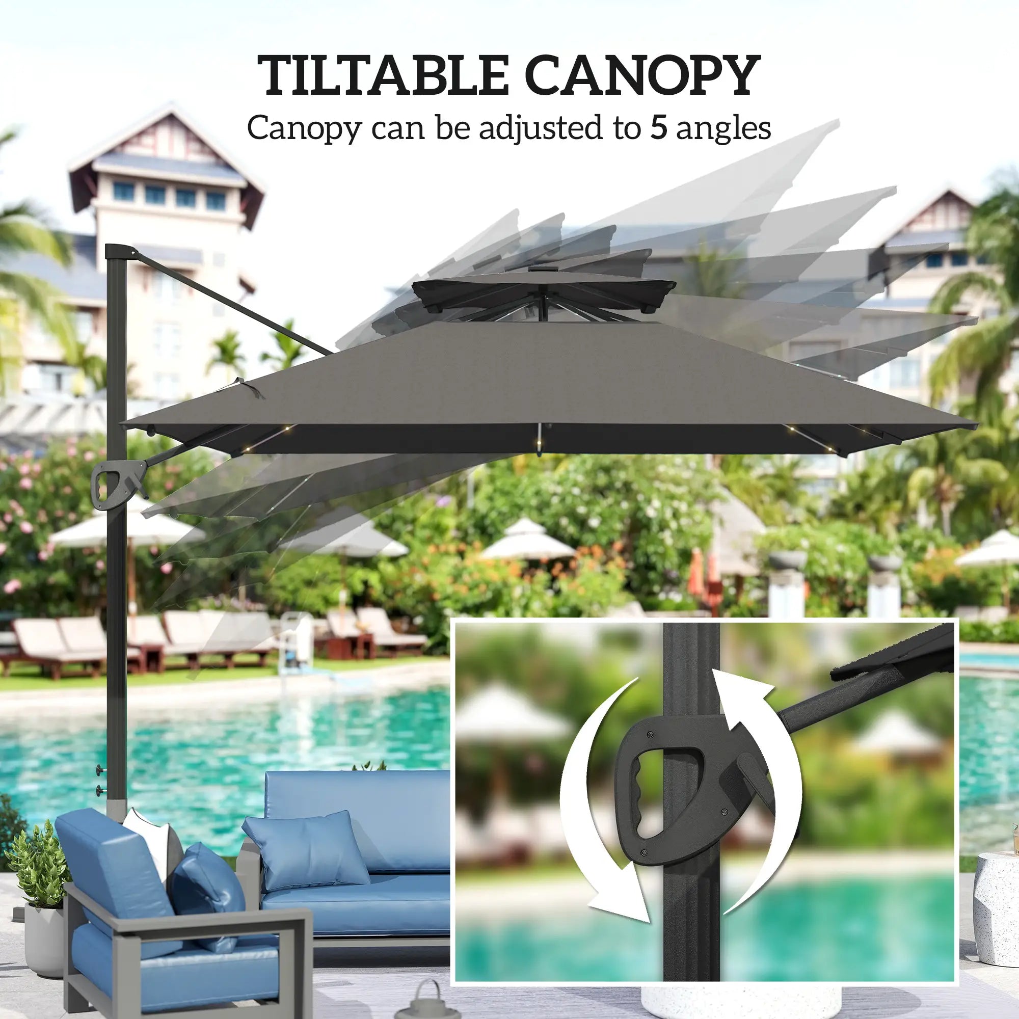 .5x3 m Garden Cantilever Parasol with Solar LED Lights and Centre Light, Aluminium Large Square Patio Umbrella, UPF50+ Hanging Sun Shade with Cross Base, Crank Handle and Tilt, Grey
