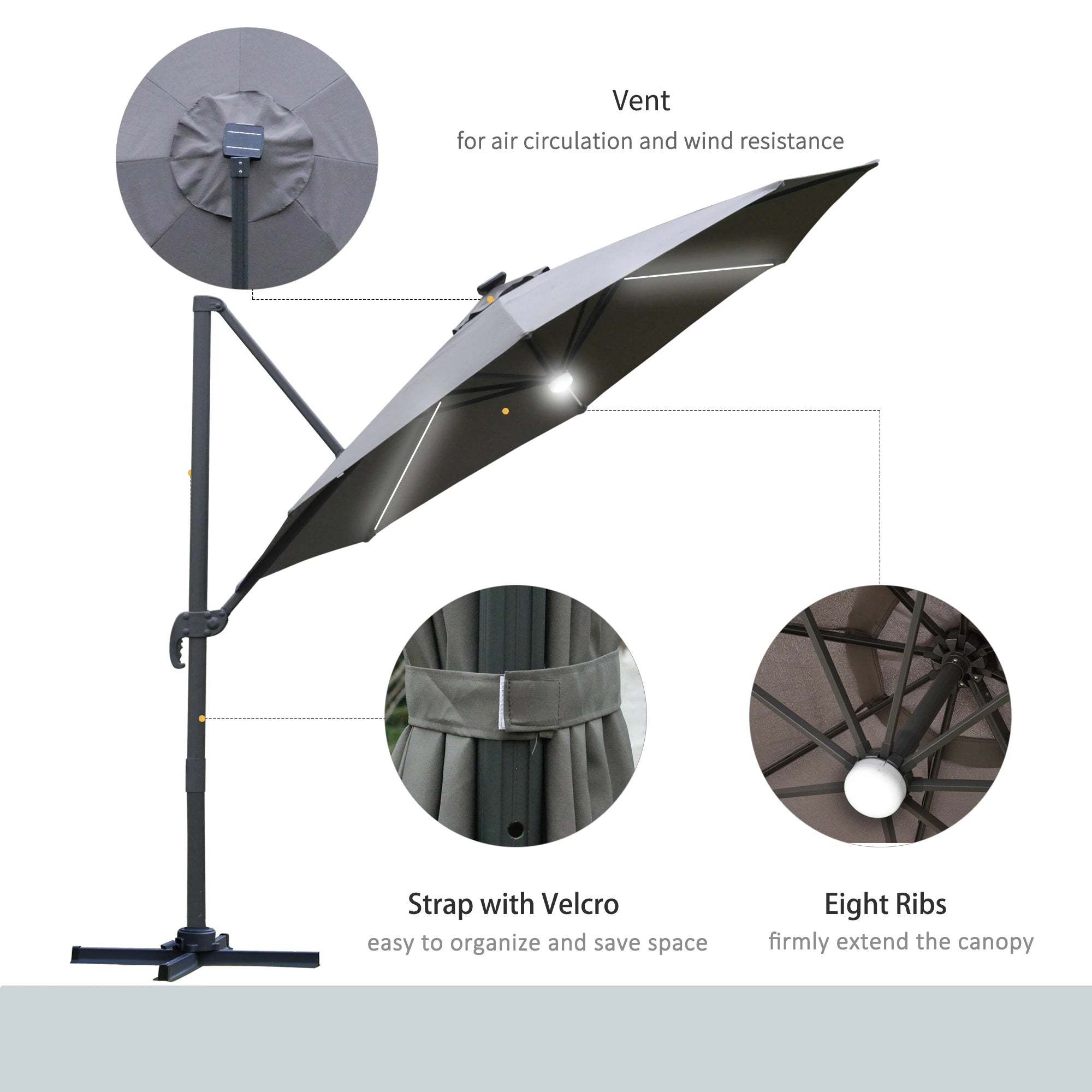 3(m) LED Cantilever Parasol Outdoor Sun Umbrella w/ Base Solar Lights Grey