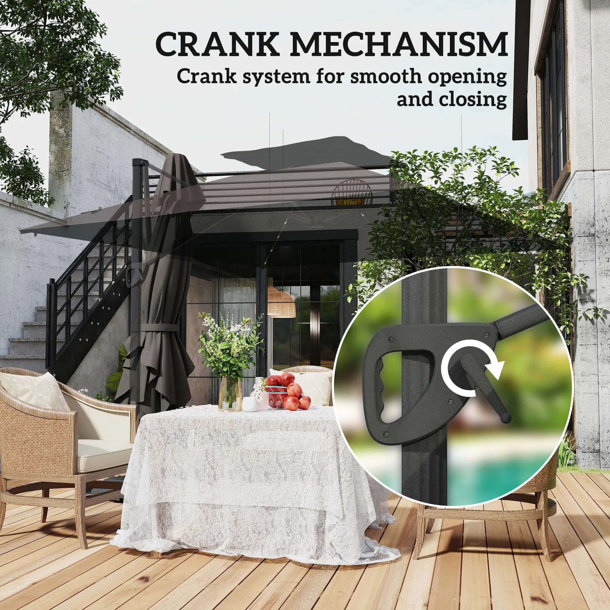 .5x3 m Garden Cantilever Parasol with Solar LED Lights and Centre Light, Aluminium Large Square Patio Umbrella, UPF50+ Hanging Sun Shade with Cross Base, Crank Handle and Tilt, Grey