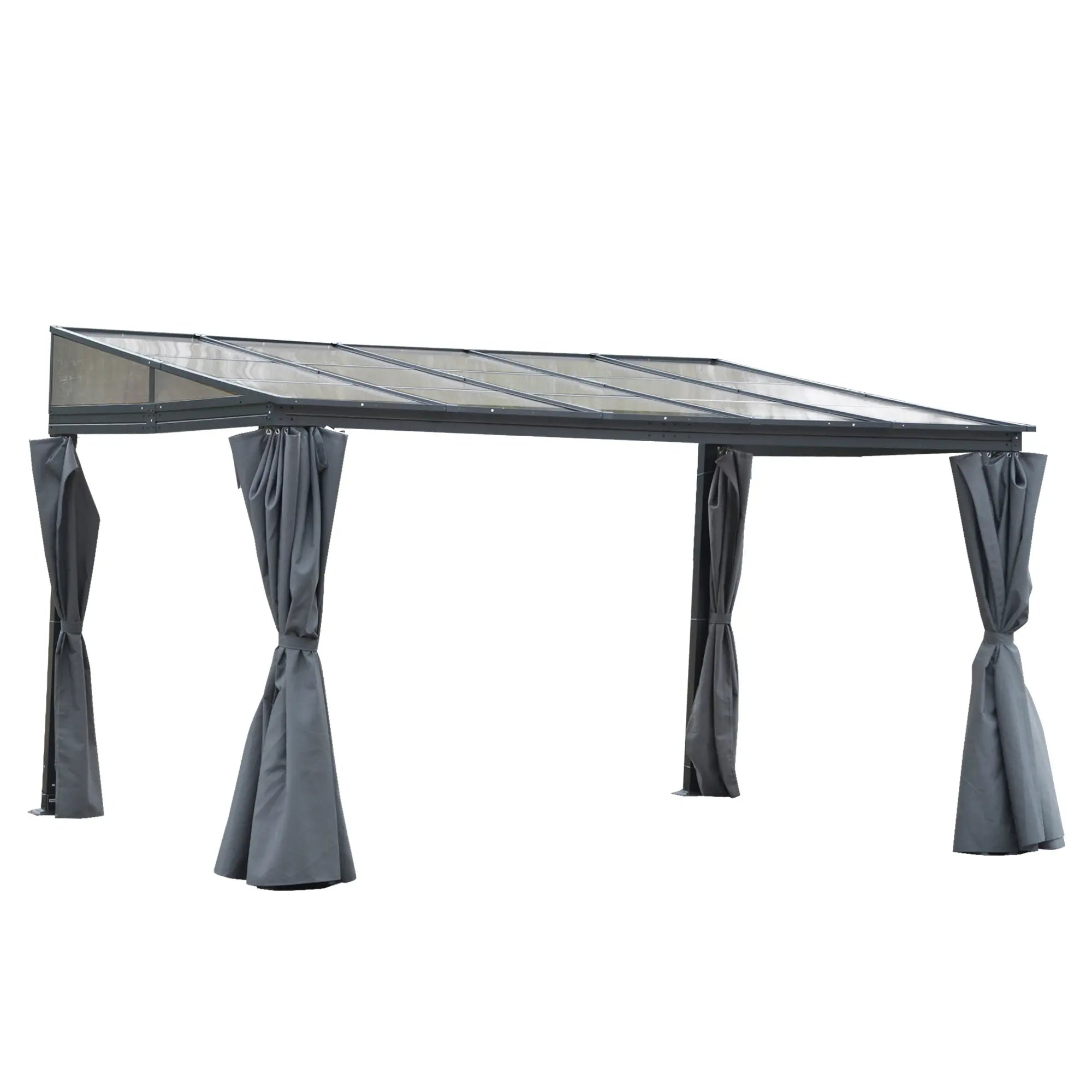 4 x 3(m) Outdoor Hardtop Gazebo with Curtains, Lean to Aluminium Pergola with Polycarbonate Roof, Garden Pavilion Sun Shade Shelter, Grey