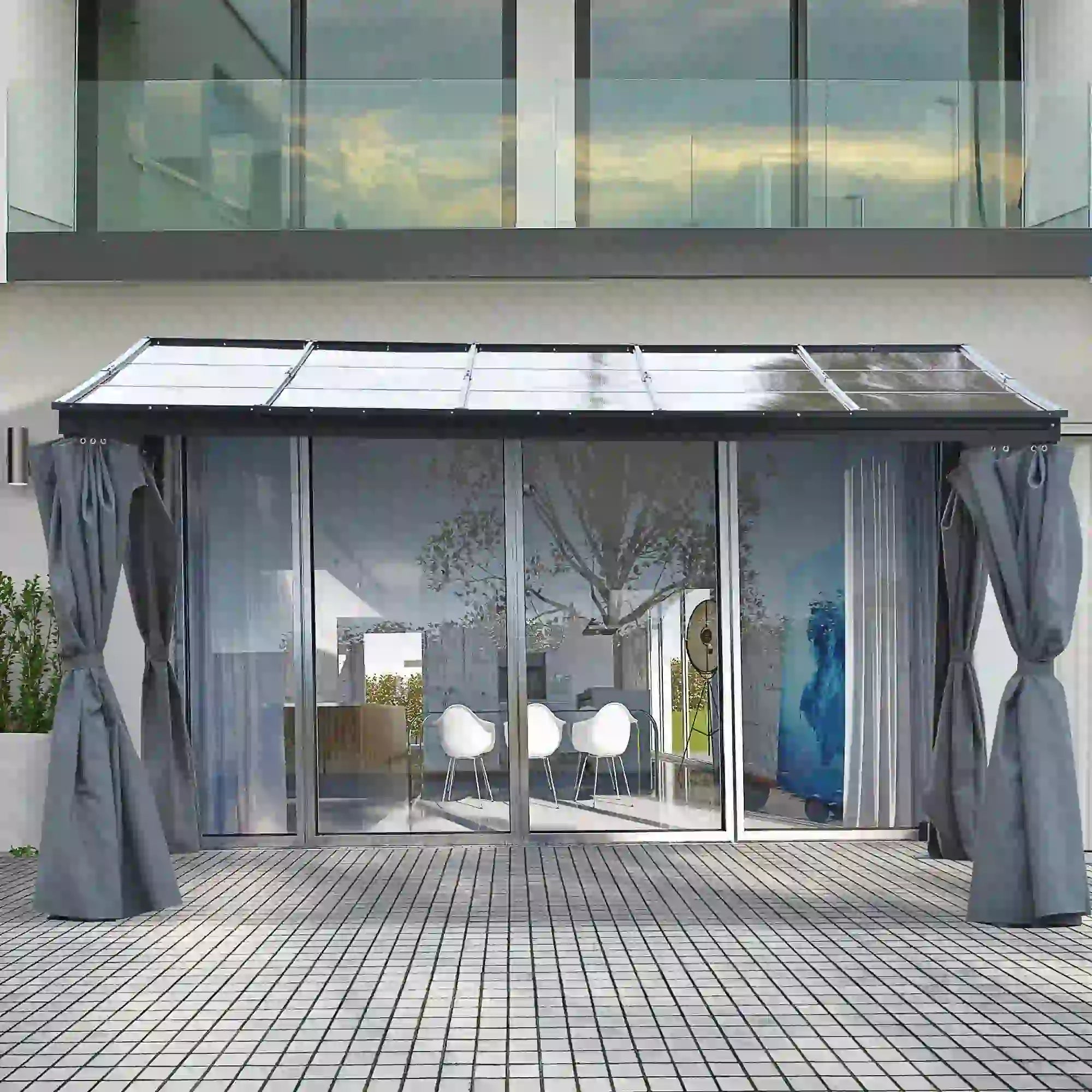 4 x 3(m) Outdoor Hardtop Gazebo with Curtains, Lean to Aluminium Pergola with Polycarbonate Roof, Garden Pavilion Sun Shade Shelter, Grey