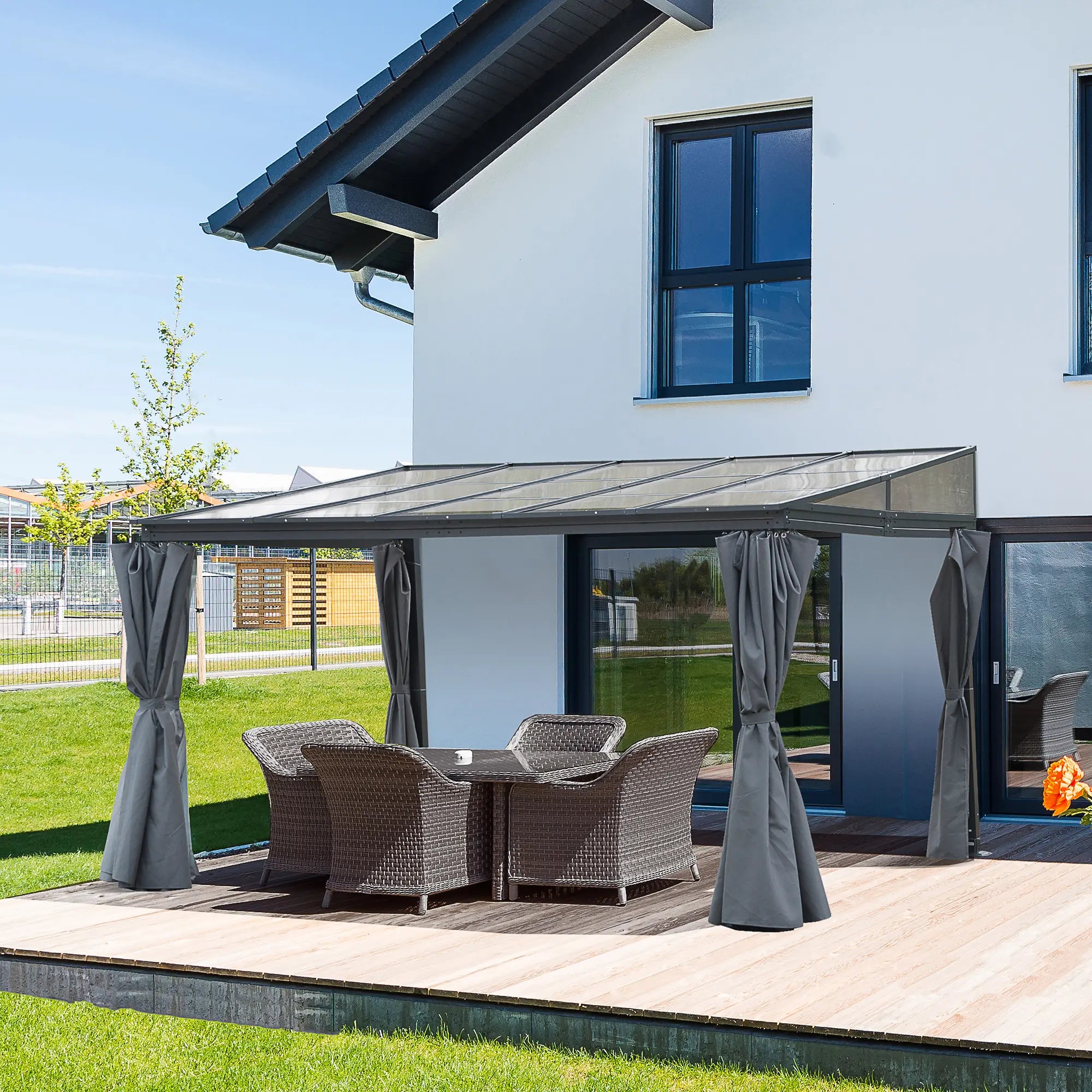4 x 3(m) Outdoor Hardtop Gazebo with Curtains, Lean to Aluminium Pergola with Polycarbonate Roof, Garden Pavilion Sun Shade Shelter, Grey