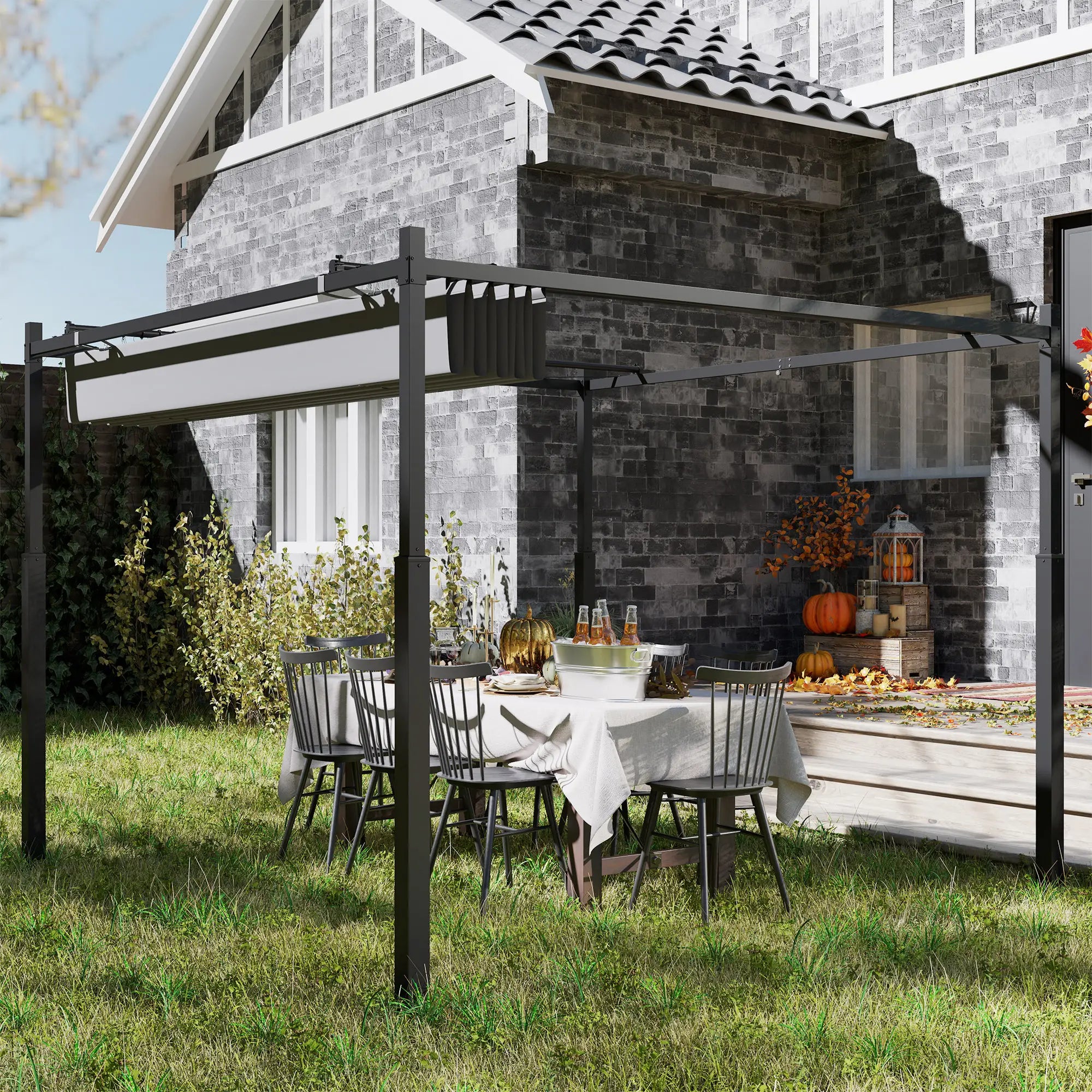3 x 3(m) Metal Pergola with Retractable Roof and Magnetic Fixture, Outdoor Gazebo Garden Pergola Kit Sun Shade Canopy, UPF30+, 80mm Metal Column, Grey