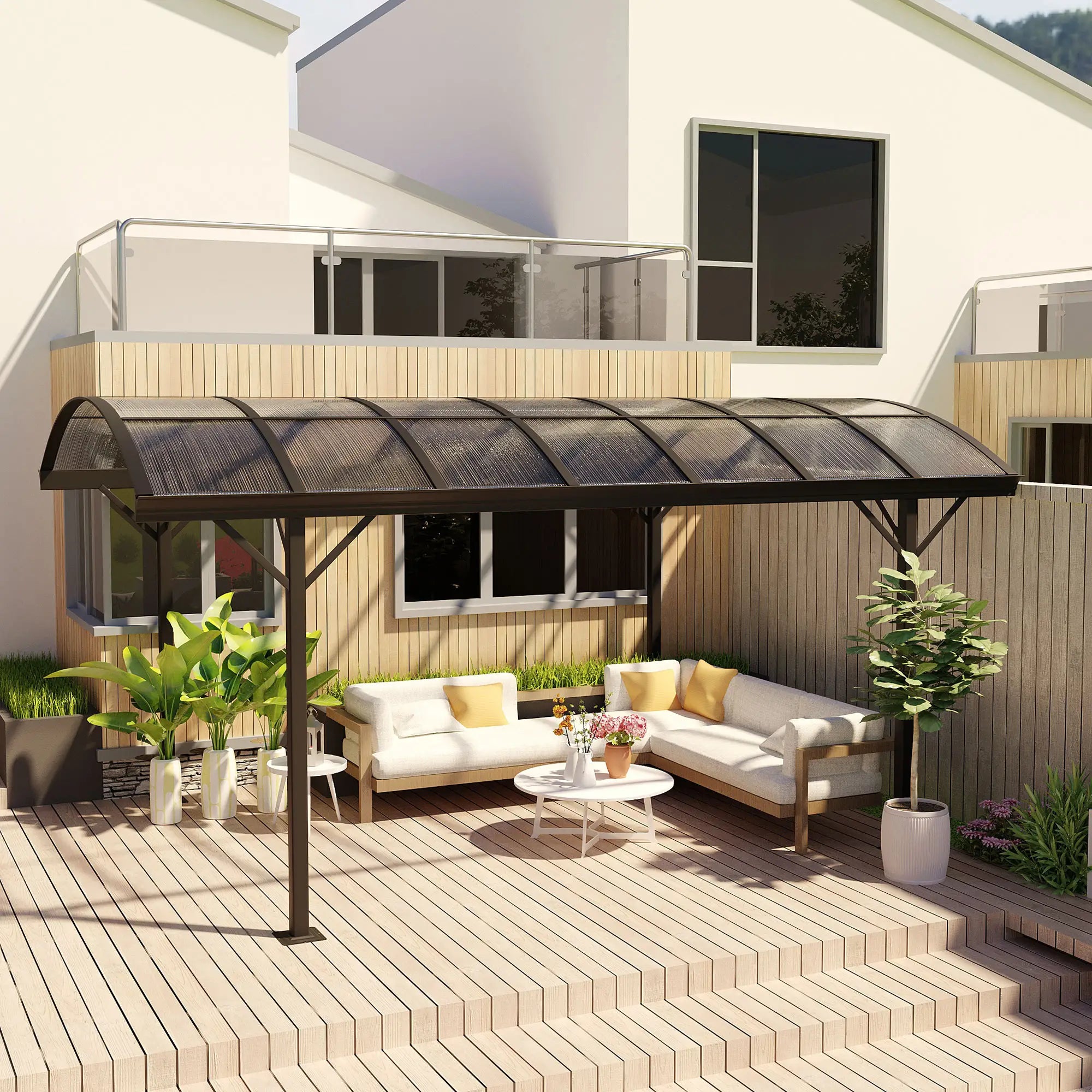 5 x 3(m) Hardtop Gazebo Aluminium Pavilion Carport Garden Shelter Pergola with Polycarbonate Roof, Brown