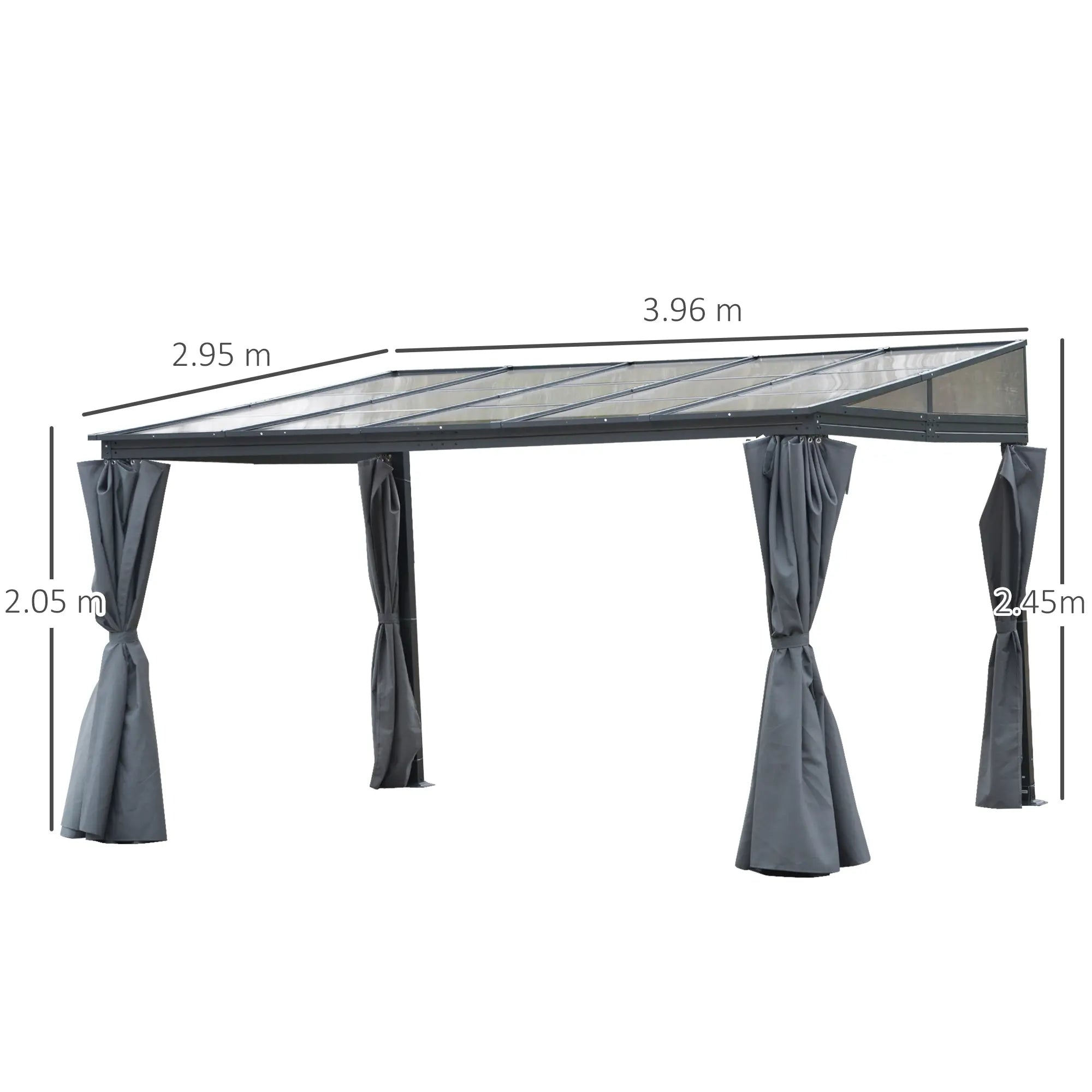 4 x 3(m) Outdoor Hardtop Gazebo with Curtains, Lean to Aluminium Pergola with Polycarbonate Roof, Garden Pavilion Sun Shade Shelter, Grey