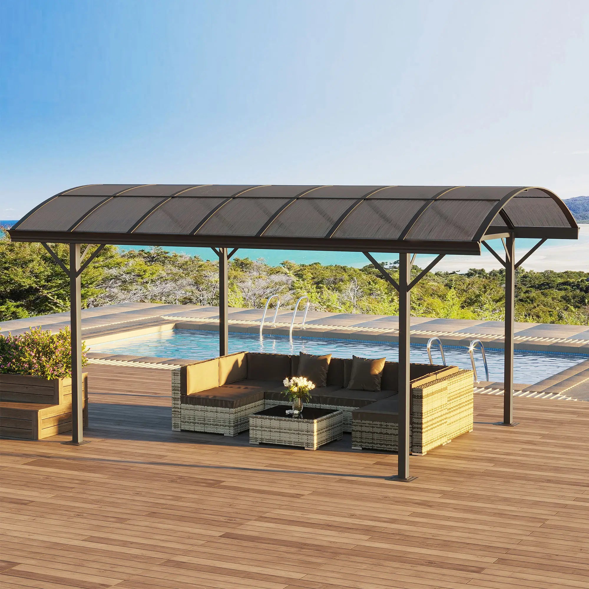 5 x 3(m) Hardtop Gazebo Aluminium Pavilion Carport Garden Shelter Pergola with Polycarbonate Roof, Brown