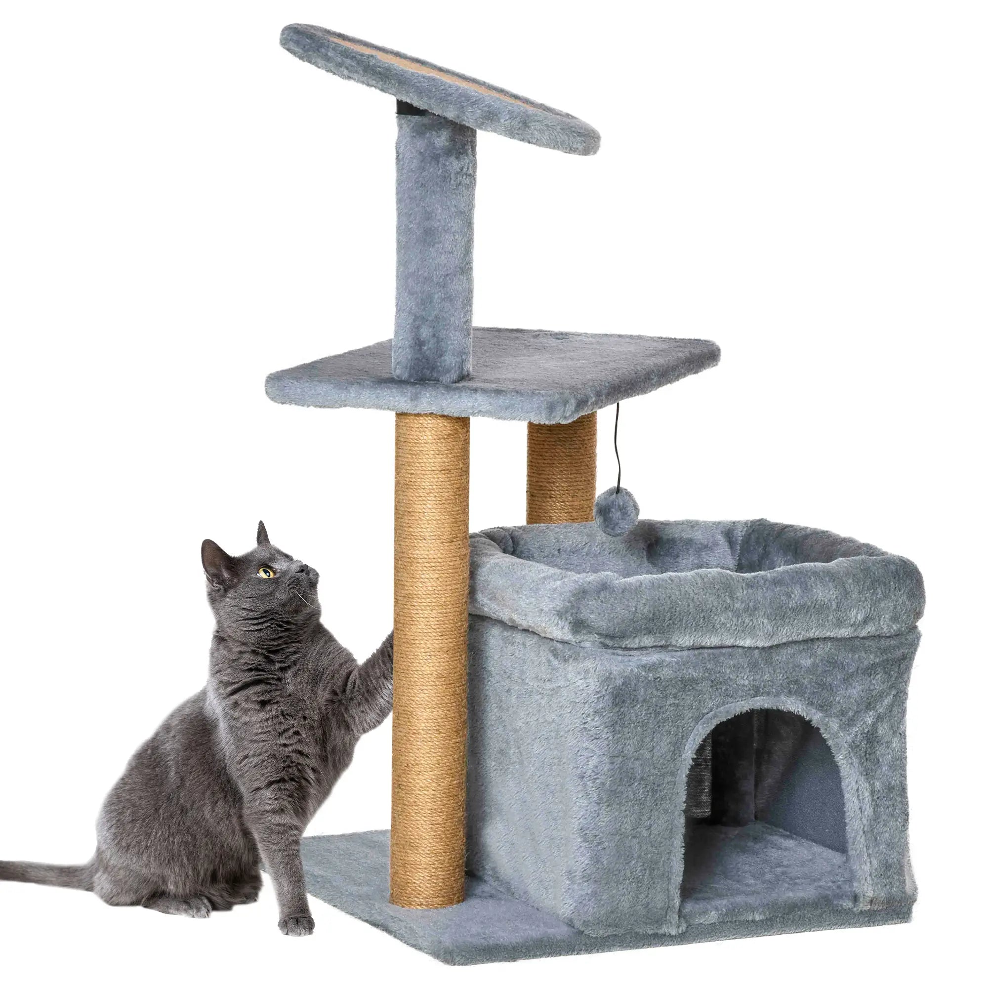 Cat Tree Tower for Indoor Cats, Cat Scratching Post with Bed, Cat House, Scratching Pad, Perch, Interactive Ball Toy 48 x 48 x 84cm, Grey