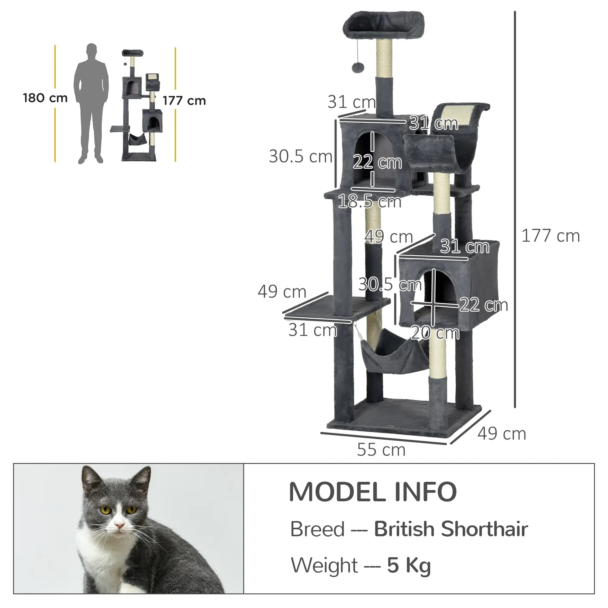177cm Cat Tree with Scratching Post, Hammock, Cat House - Dark Grey