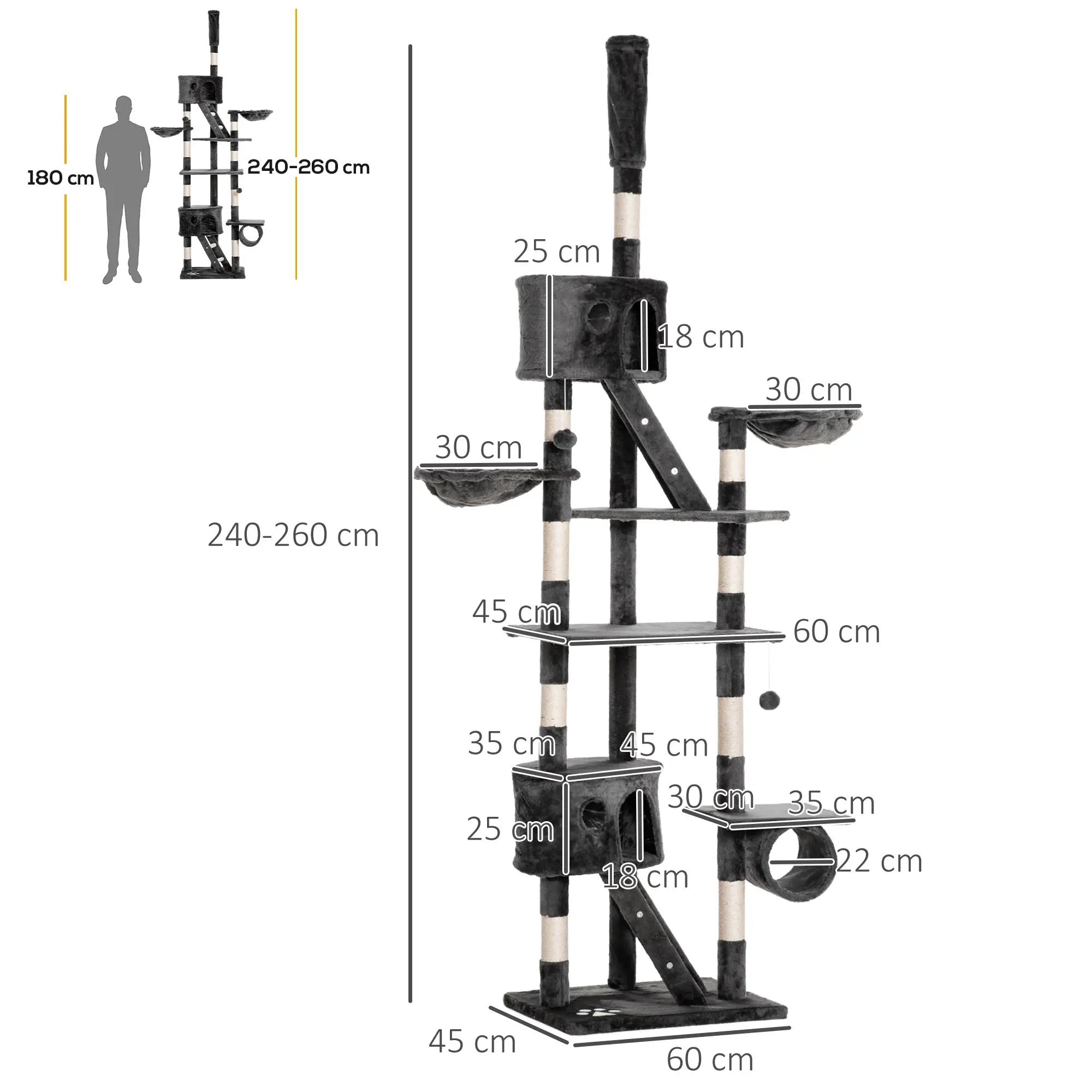 Floor-to-Ceiling Cat Tree for Indoor Cats, 240-260cm Adjustable Cat Tree - Dark Grey