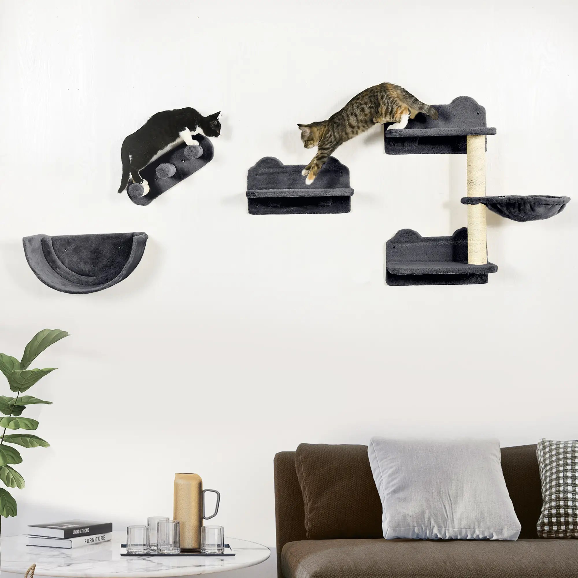 4PCs Wall-Mounted Cat Shelves w/ Scratching Post, Hammock, Nest - Dark Grey