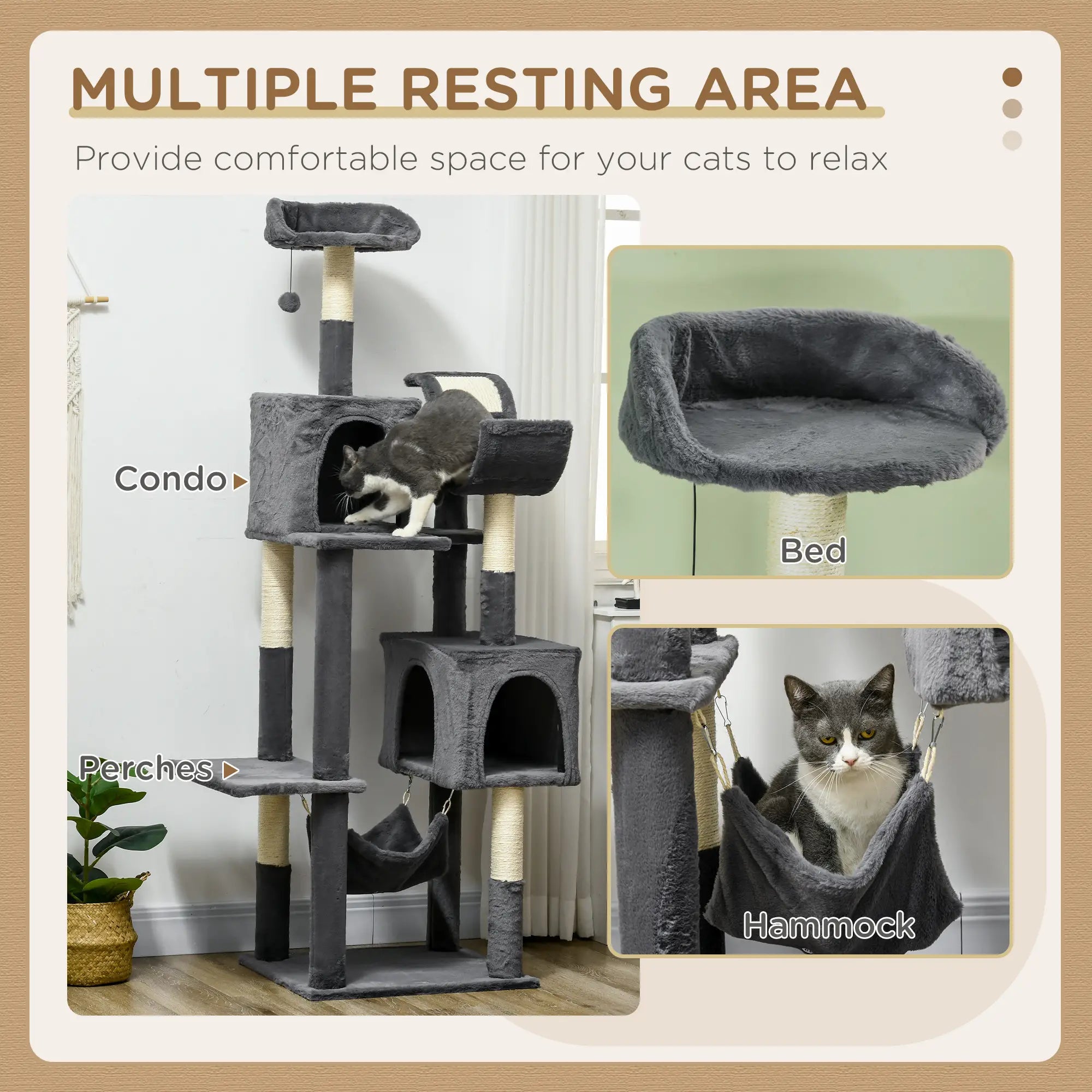 177cm Cat Tree with Scratching Post, Hammock, Cat House - Dark Grey