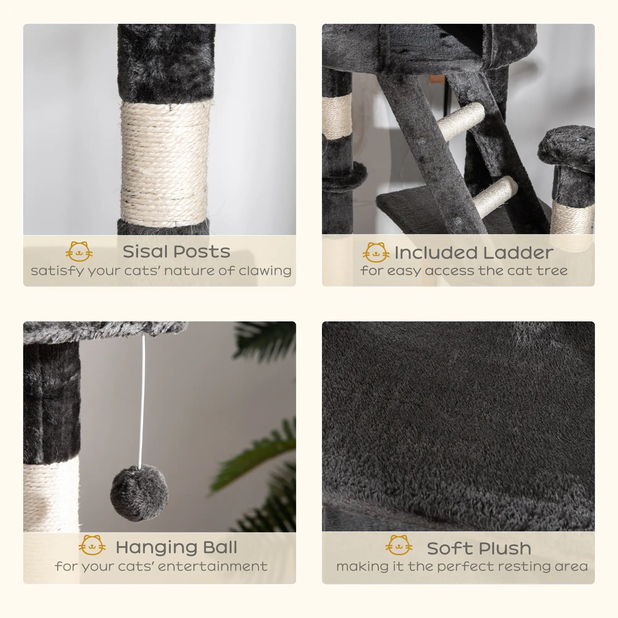 Floor-to-Ceiling Cat Tree for Indoor Cats, 240-260cm Adjustable Cat Tree - Dark Grey