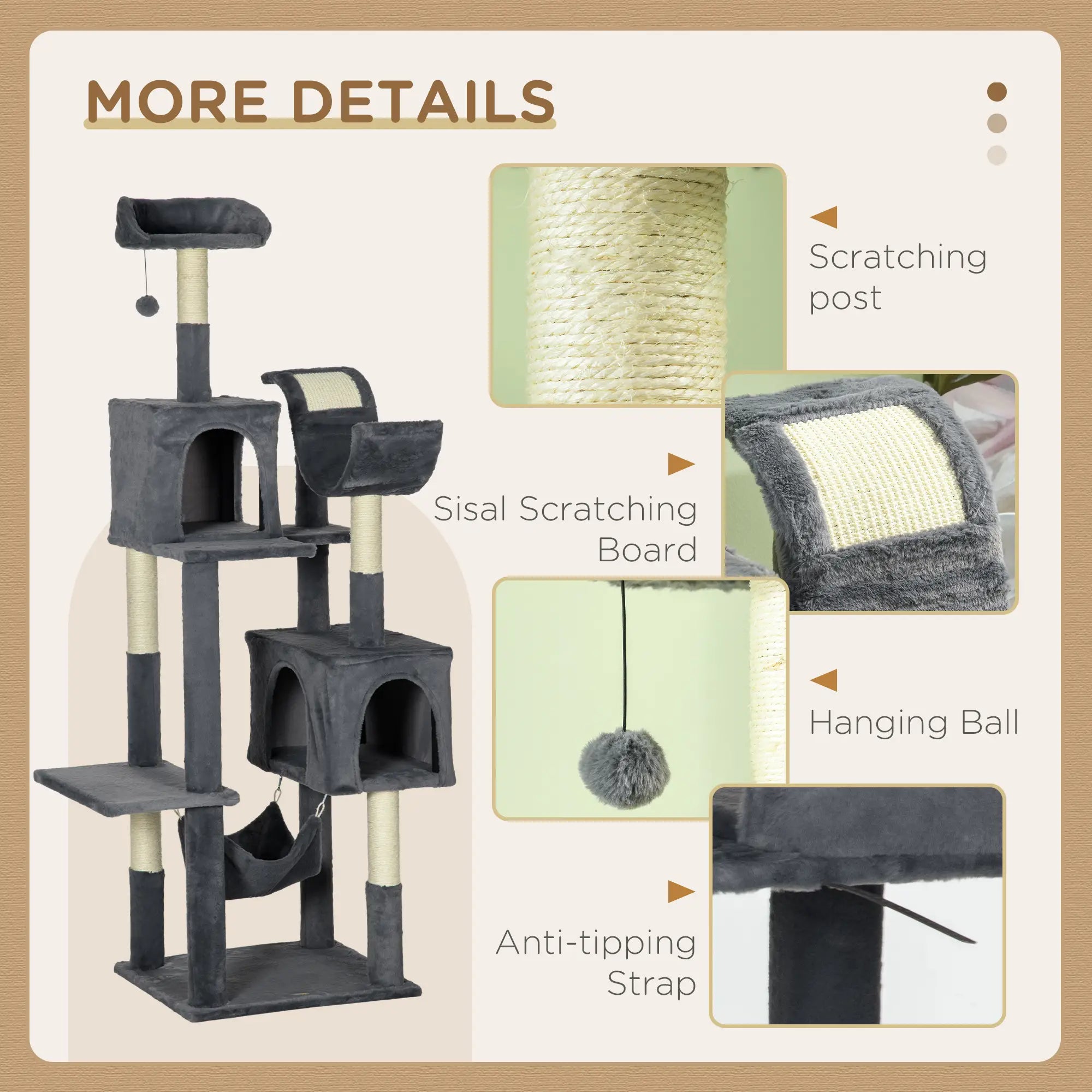 177cm Cat Tree with Scratching Post, Hammock, Cat House - Dark Grey