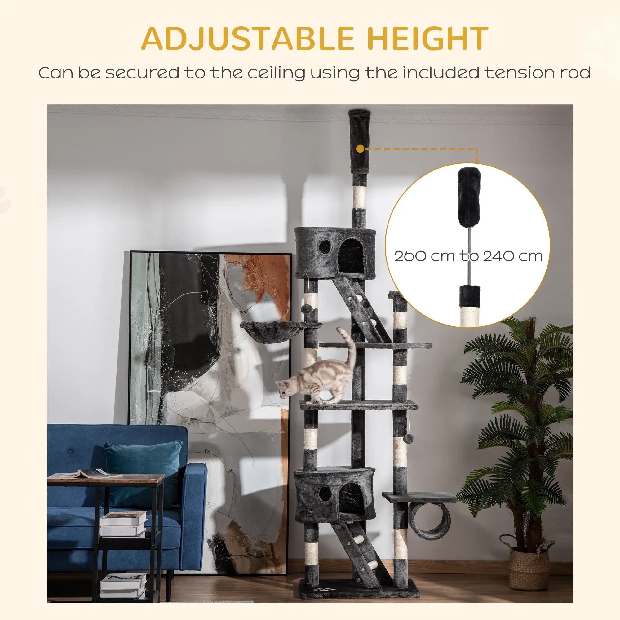 Floor-to-Ceiling Cat Tree for Indoor Cats, 240-260cm Adjustable Cat Tree - Dark Grey