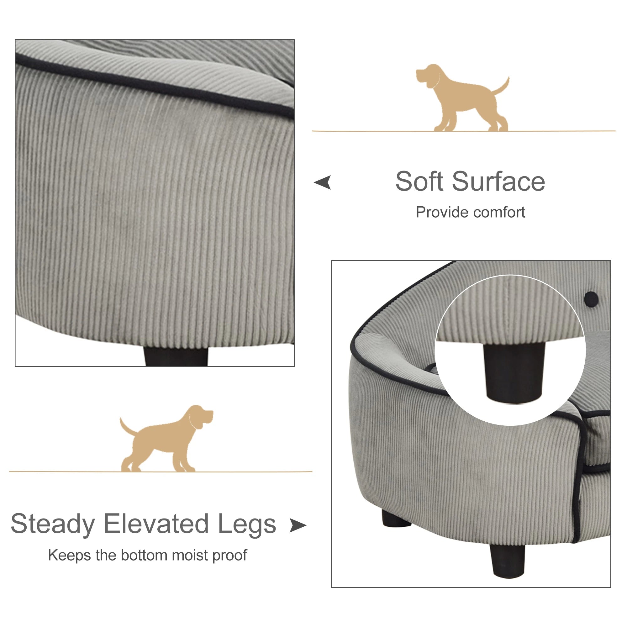 Dog Sofa for XS and S Size Dogs, Pet Chair Bed with Soft Cushion, Cat Sofa Couch with Washable Cover, Wooden Frame, 66.5 x 45 x 35.5 cm, Grey