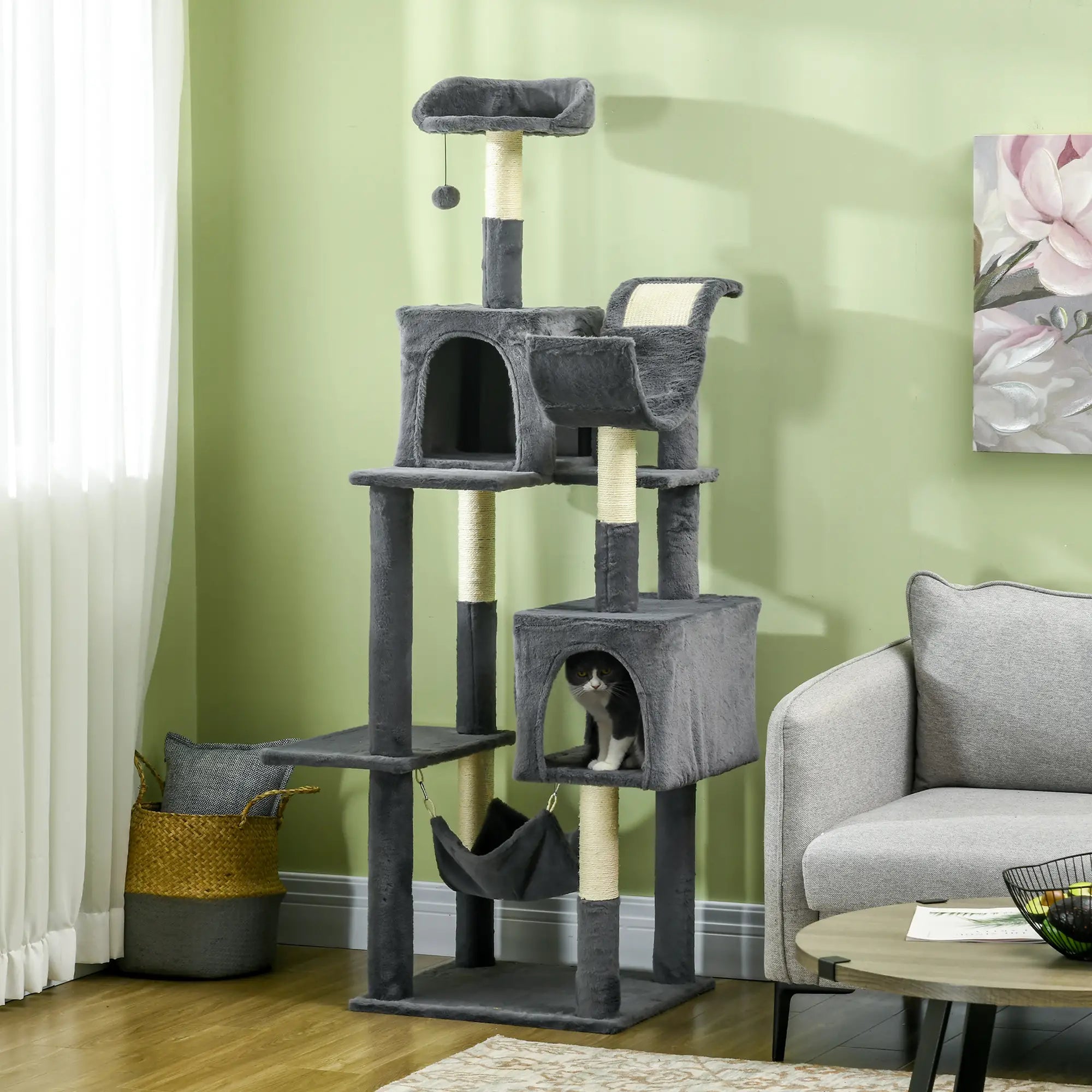 177cm Cat Tree with Scratching Post, Hammock, Cat House - Dark Grey