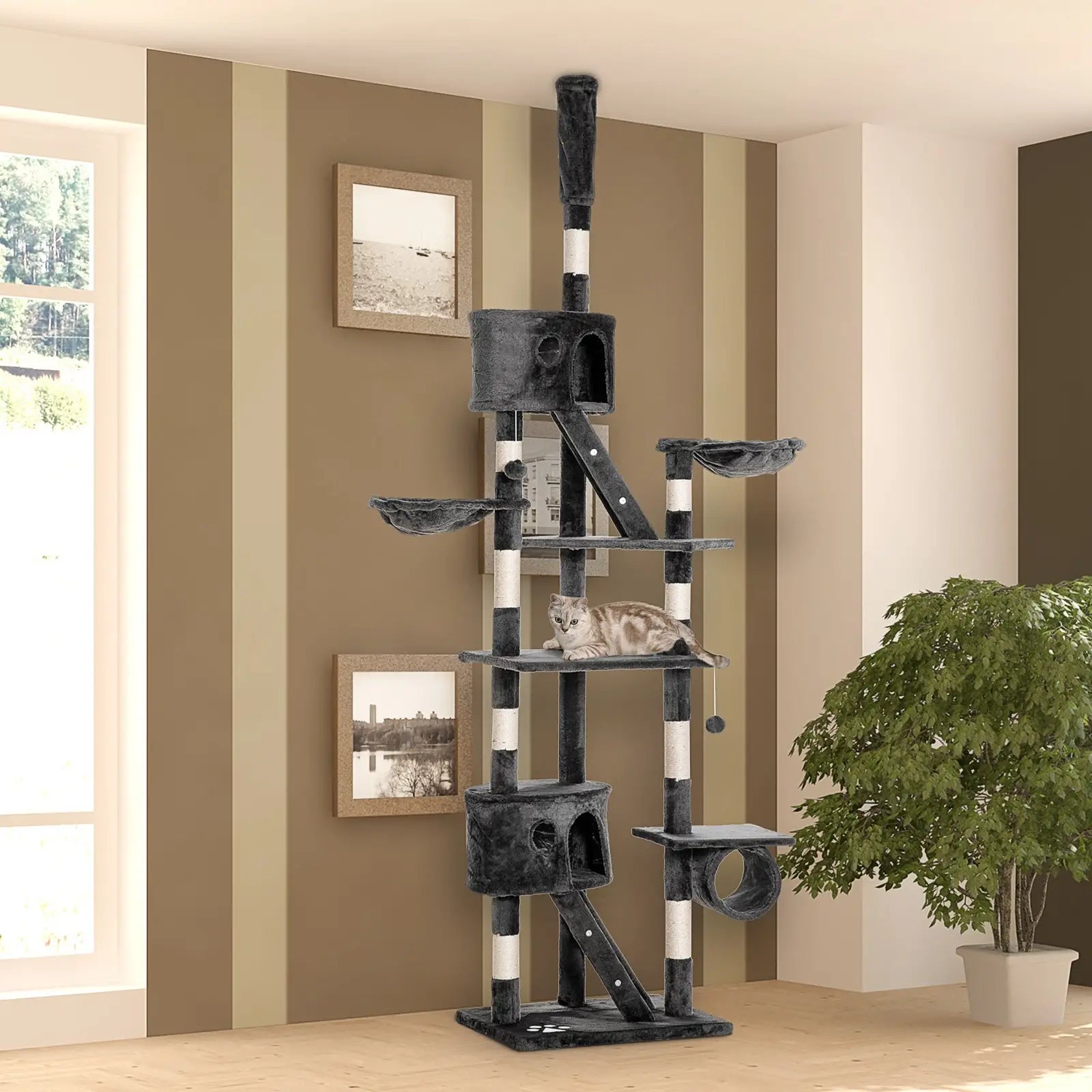 Floor-to-Ceiling Cat Tree for Indoor Cats, 240-260cm Adjustable Cat Tree - Dark Grey