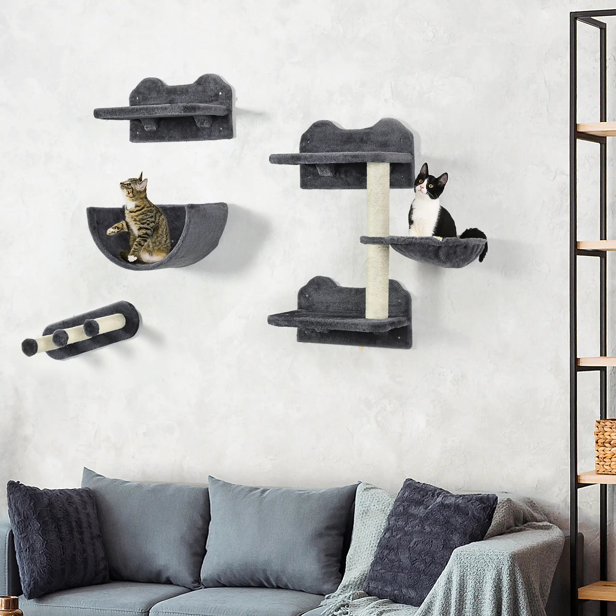 4PCs Wall-Mounted Cat Shelves w/ Scratching Post, Hammock, Nest - Dark Grey