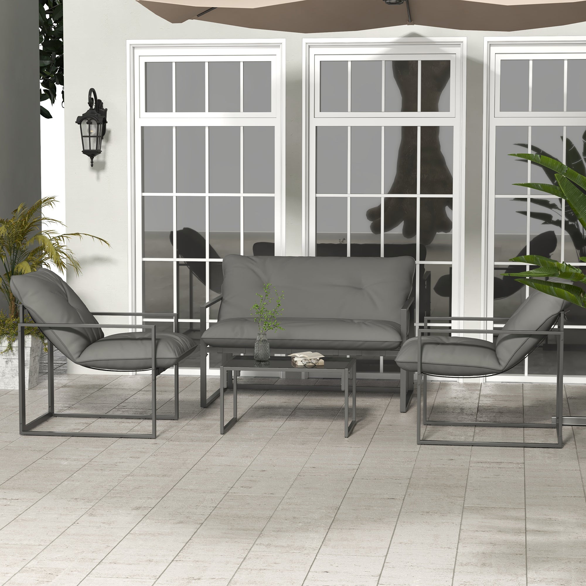 Outsunny 4 PCs Garden Sofa Set with 2 Armchairs Loveseat Coffee Table, Grey