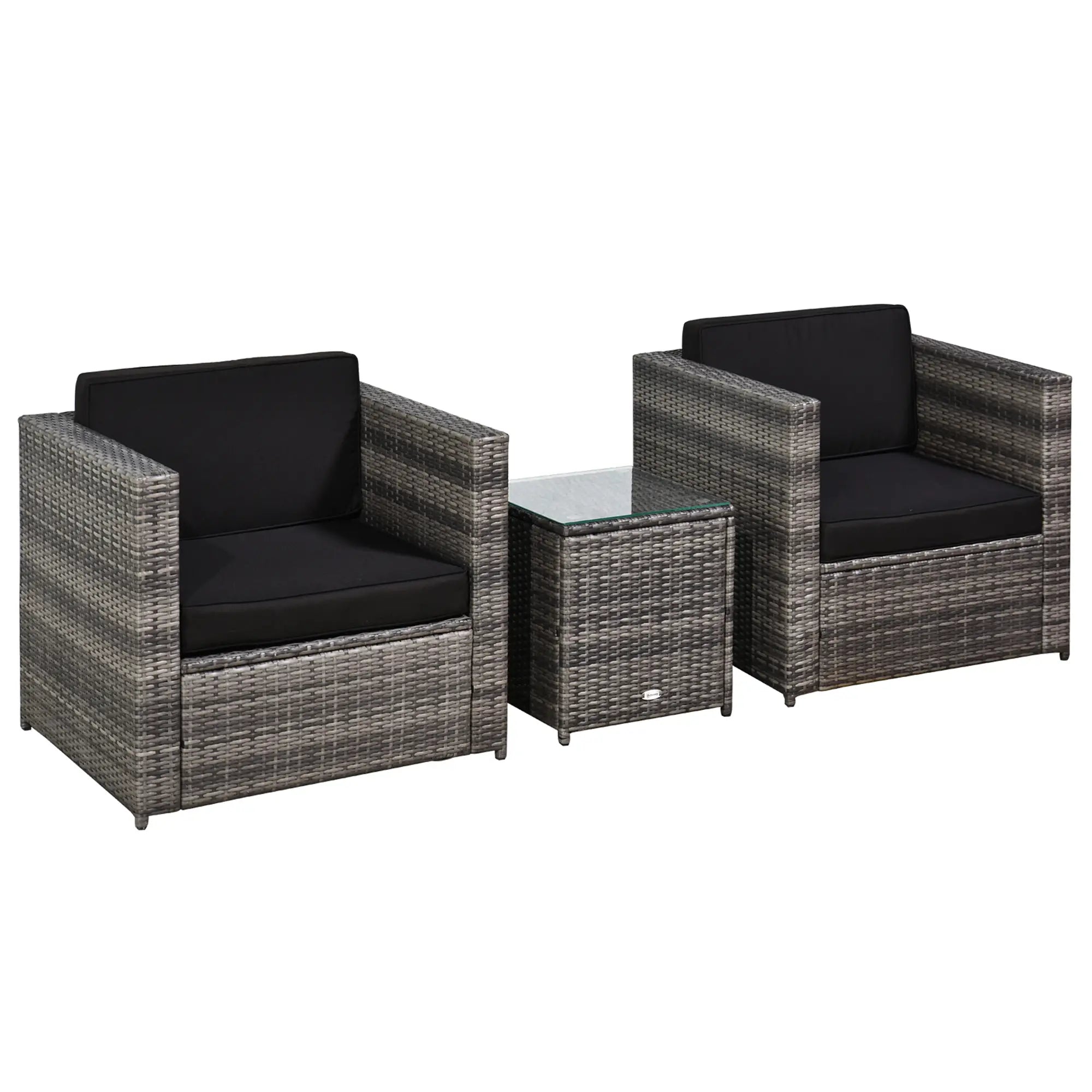 3 Pieces Rattan Bistro Set, Wicker Garden Furniture Set with Glass Top Coffee Table and Chairs, Thickened Washable Cushions for Outdoor, Patio, Balcony, Grey