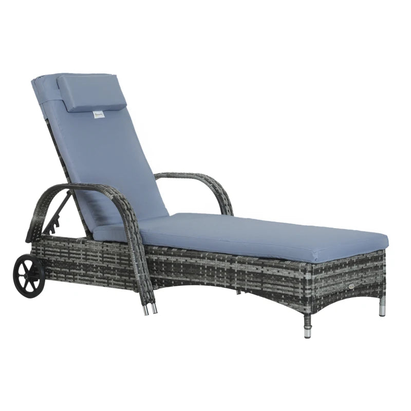 Garden Rattan Furniture Single Sun Lounger Recliner Bed Reclining Chair Patio Outdoor Wicker Weave Adjustable Headrest with Fire Retardant Cushion - Grey