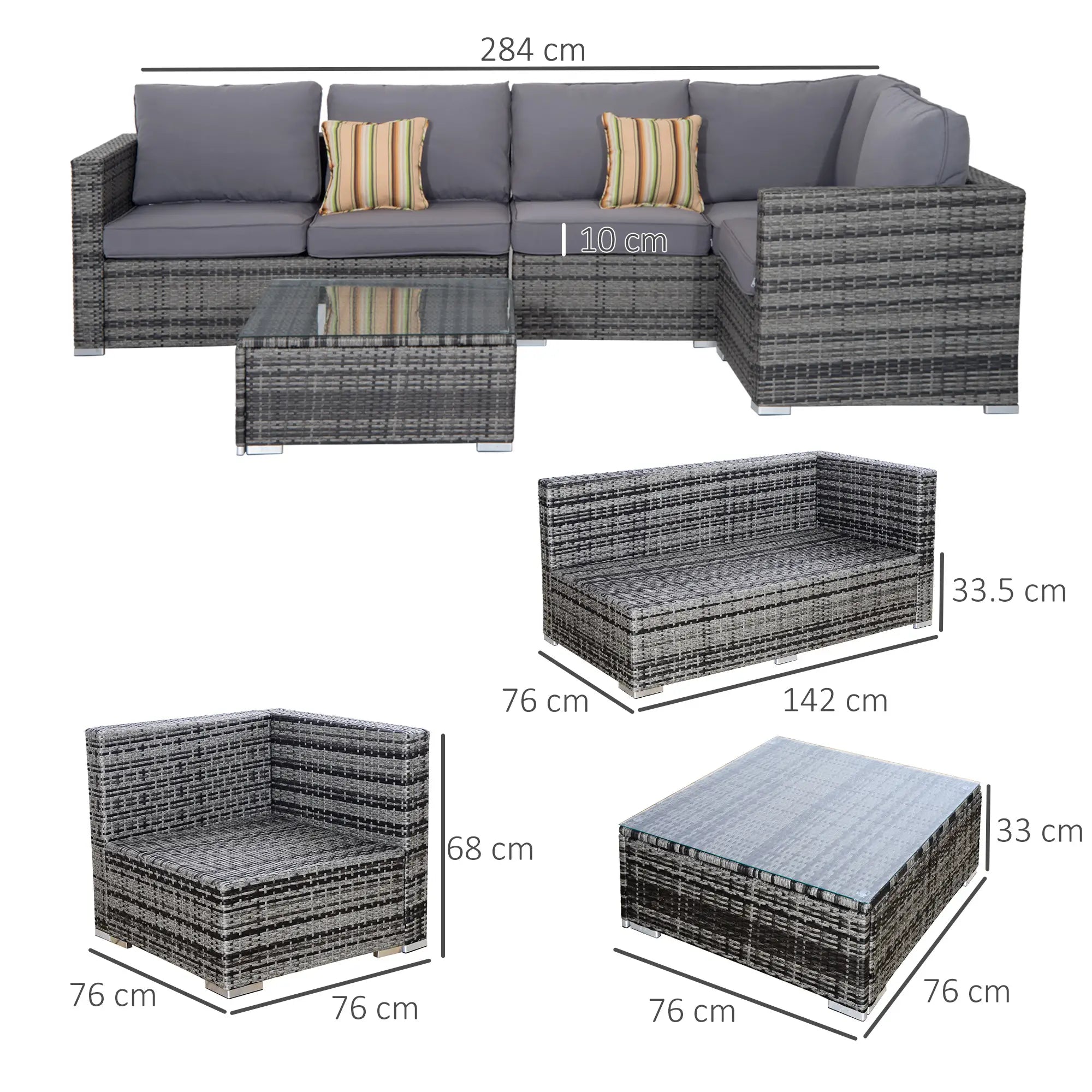 4 Pieces Rattan Garden Furniture Set, Wicker Outdoor Furniture Set with Corner Sofa Loveseat Coffee Table Cushions, Conservatory Furniture Set for Patio Balcony Poolside, Grey