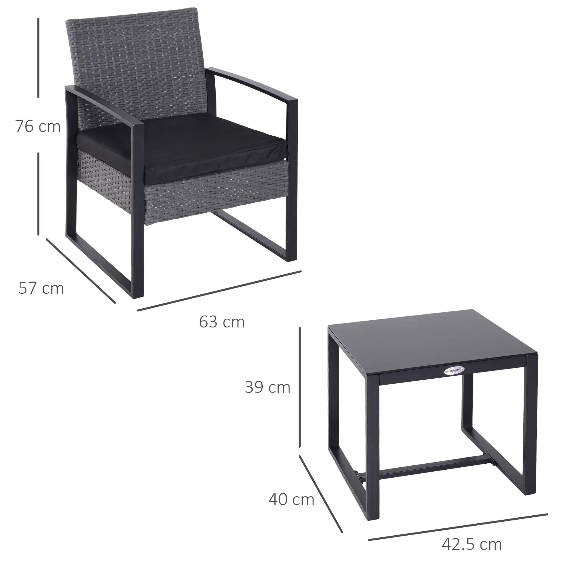 2 Seater Rattan Patio Set W/ Cushions-Grey/Black