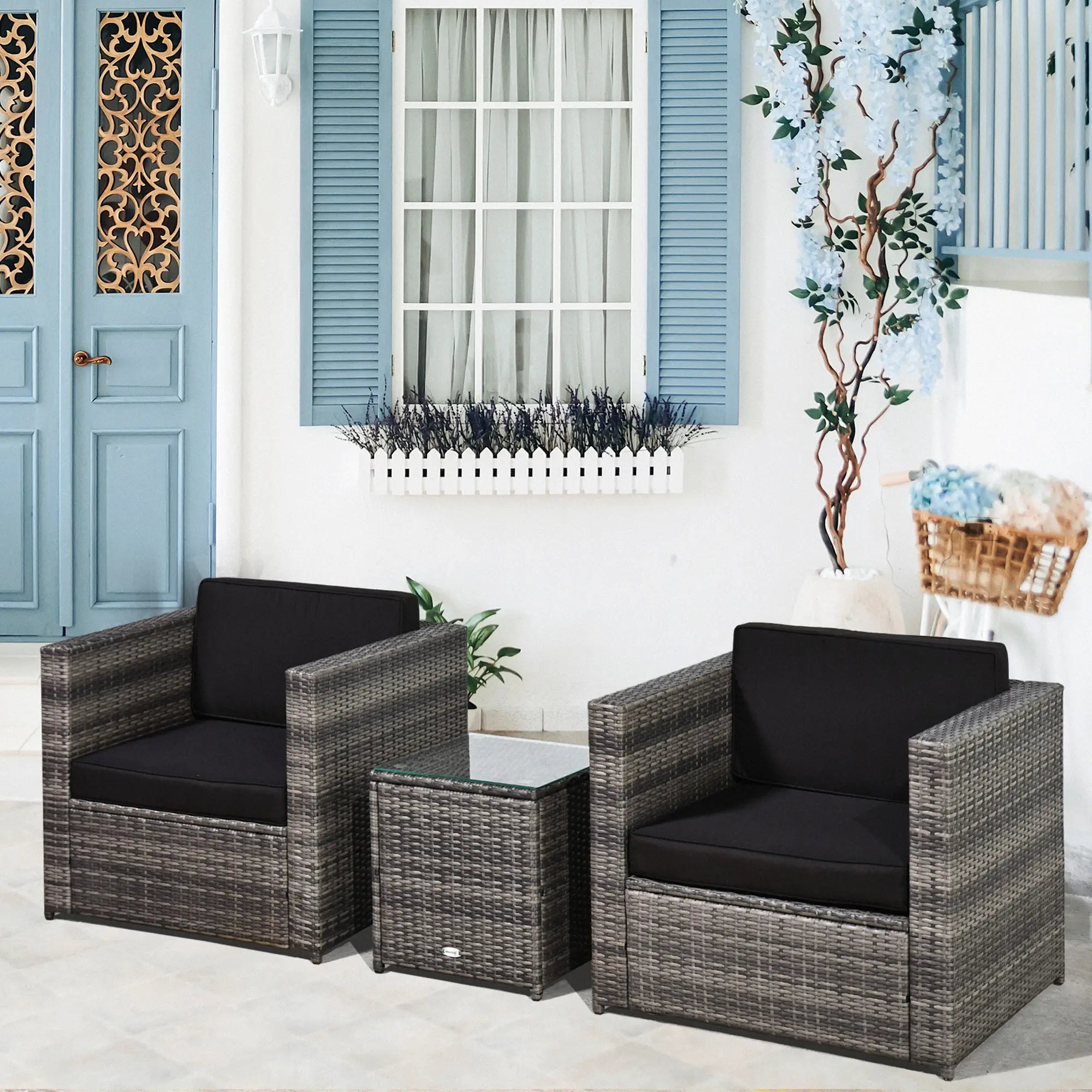 3 Pieces Rattan Bistro Set, Wicker Garden Furniture Set with Glass Top Coffee Table and Chairs, Thickened Washable Cushions for Outdoor, Patio, Balcony, Grey
