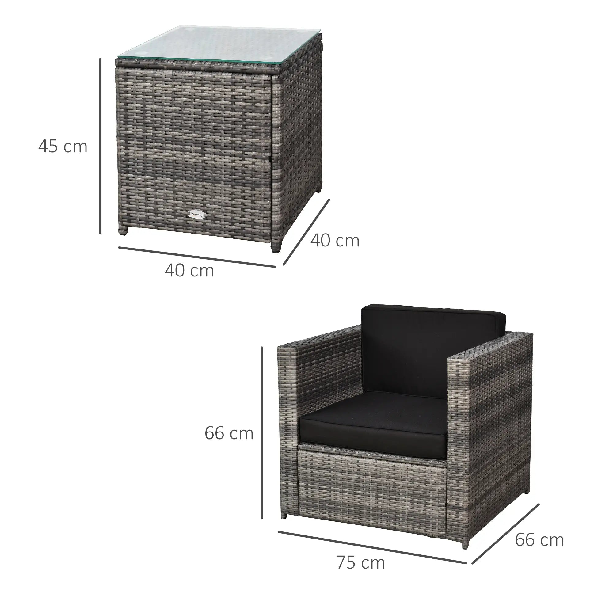 3 Pieces Rattan Bistro Set, Wicker Garden Furniture Set with Glass Top Coffee Table and Chairs, Thickened Washable Cushions for Outdoor, Patio, Balcony, Grey