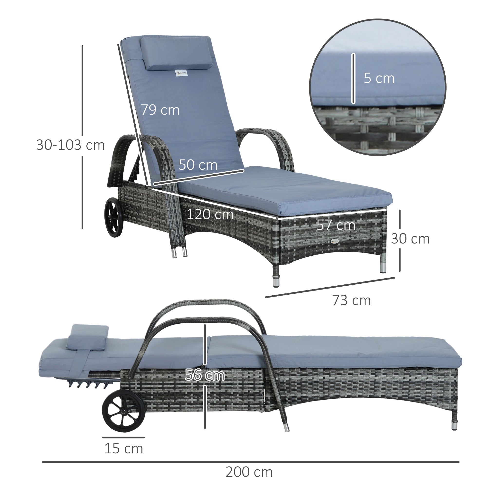 Garden Rattan Furniture Single Sun Lounger Recliner Bed Reclining Chair Patio Outdoor Wicker Weave Adjustable Headrest with Fire Retardant Cushion - Grey