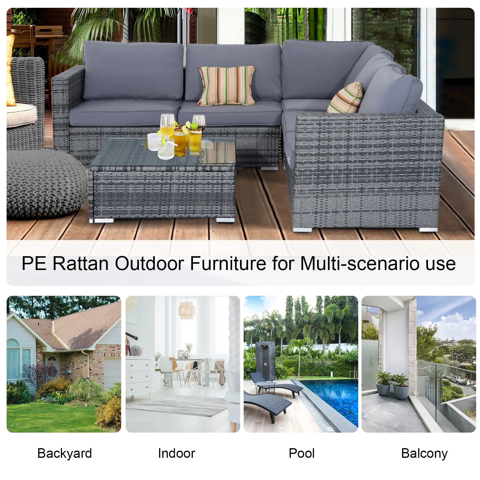 4 Pieces Rattan Garden Furniture Set, Wicker Outdoor Furniture Set with Corner Sofa Loveseat Coffee Table Cushions, Conservatory Furniture Set for Patio Balcony Poolside, Grey