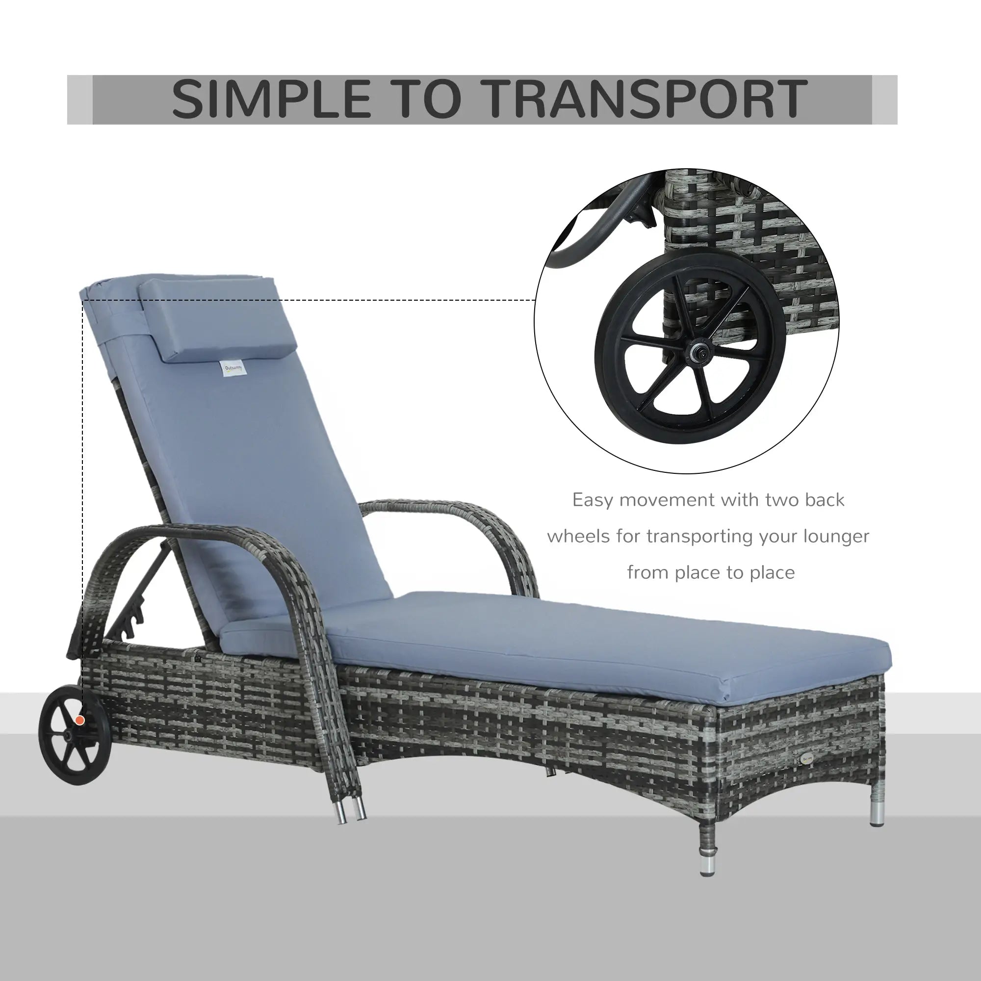 Garden Rattan Furniture Single Sun Lounger Recliner Bed Reclining Chair Patio Outdoor Wicker Weave Adjustable Headrest with Fire Retardant Cushion - Grey