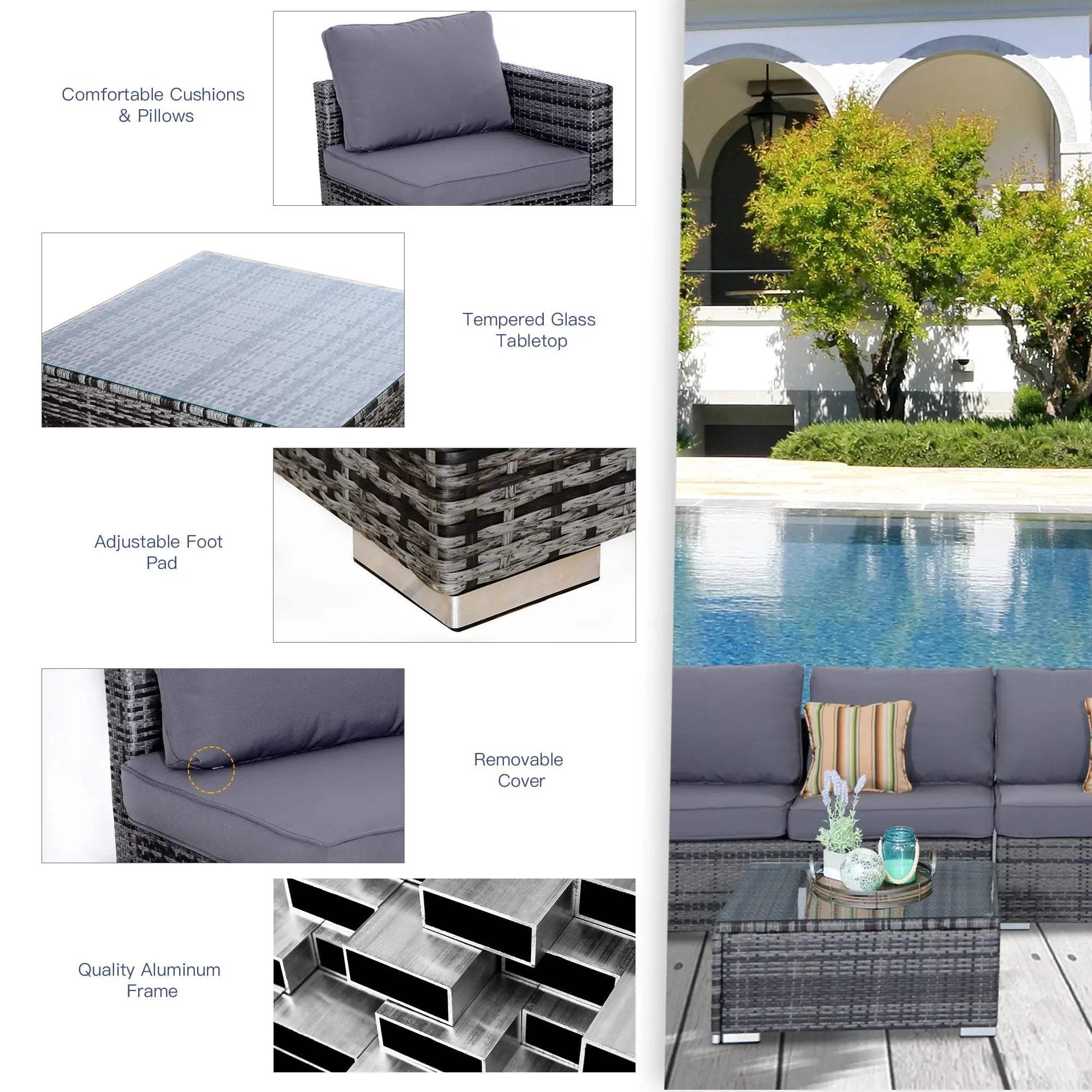 4 Pieces Rattan Garden Furniture Set, Wicker Outdoor Furniture Set with Corner Sofa Loveseat Coffee Table Cushions, Conservatory Furniture Set for Patio Balcony Poolside, Grey