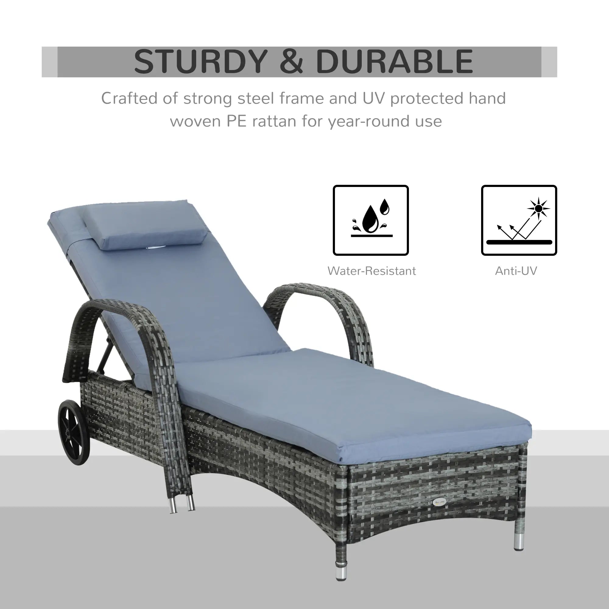 Garden Rattan Furniture Single Sun Lounger Recliner Bed Reclining Chair Patio Outdoor Wicker Weave Adjustable Headrest with Fire Retardant Cushion - Grey