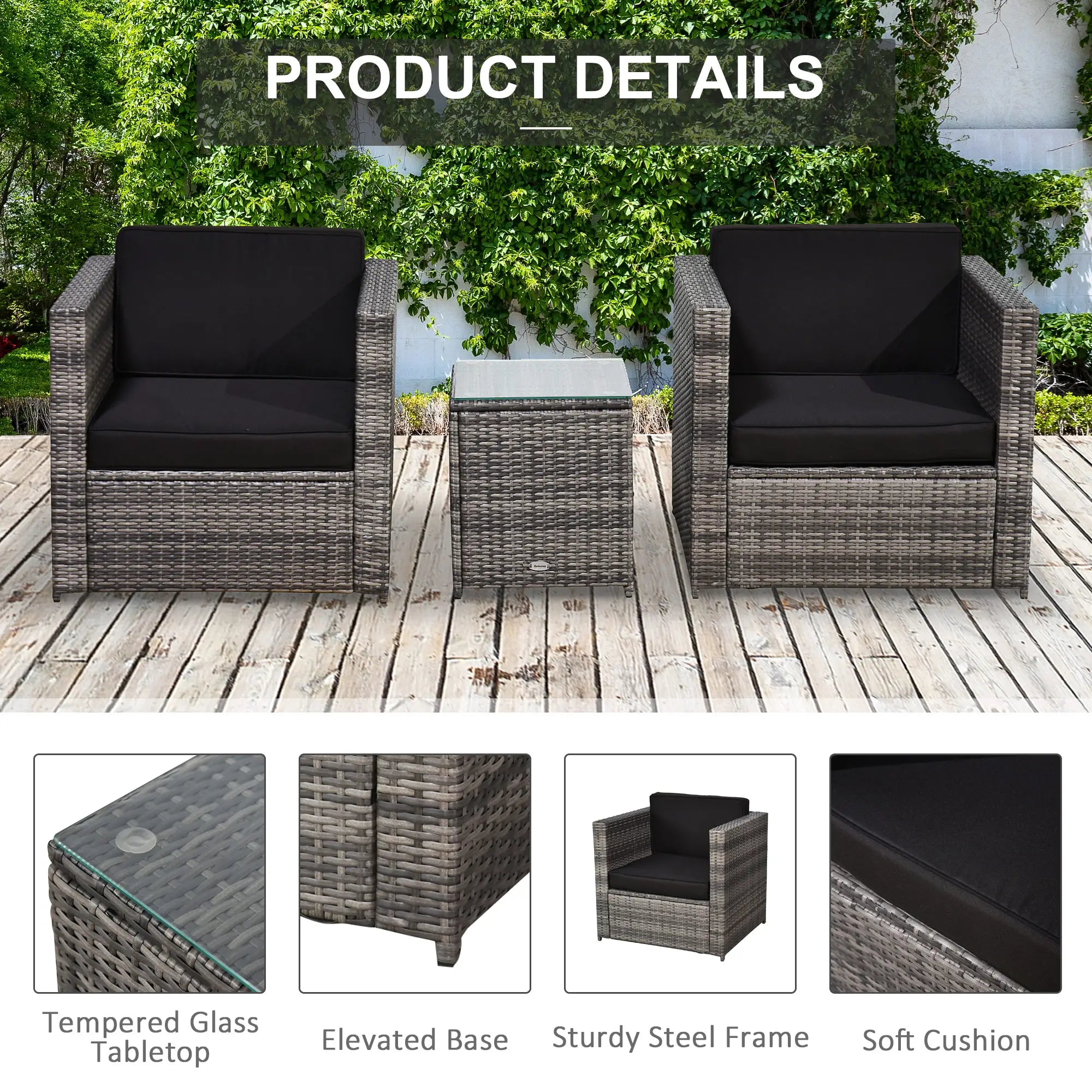 3 Pieces Rattan Bistro Set, Wicker Garden Furniture Set with Glass Top Coffee Table and Chairs, Thickened Washable Cushions for Outdoor, Patio, Balcony, Grey