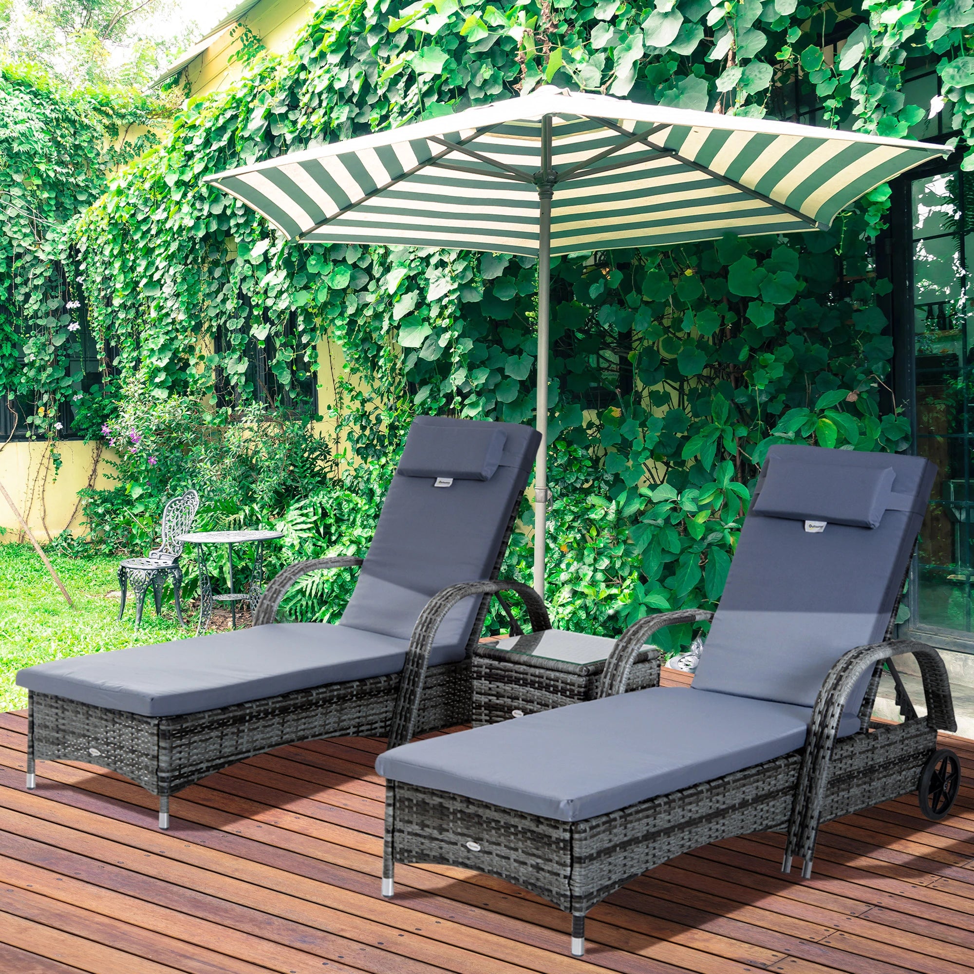 3 Pieces Rattan Sun Loungers, Garden Wicker Wheeling Recliner , PE Rattan Lounge Chairs w/ Cushions & Side Coffee Table Grey