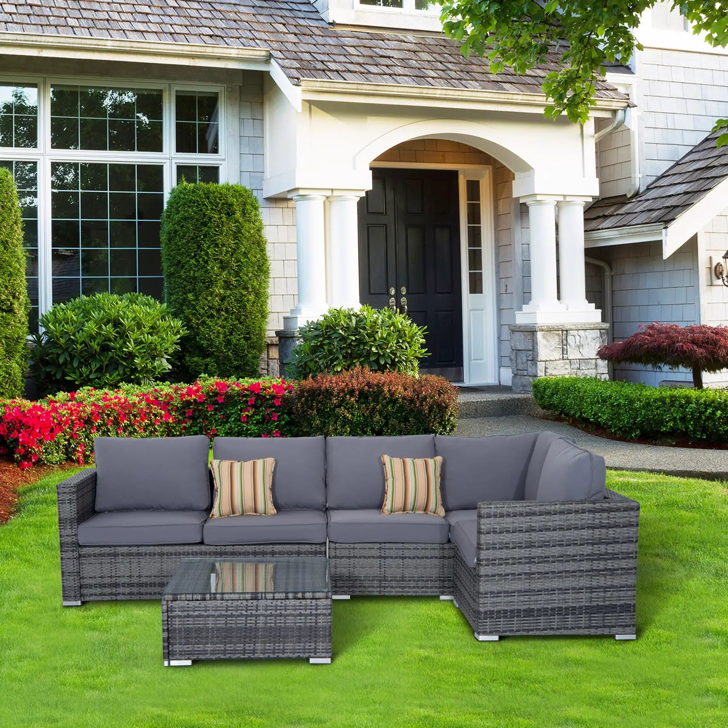 4 Pieces Rattan Garden Furniture Set, Wicker Outdoor Furniture Set with Corner Sofa Loveseat Coffee Table Cushions, Conservatory Furniture Set for Patio Balcony Poolside, Grey