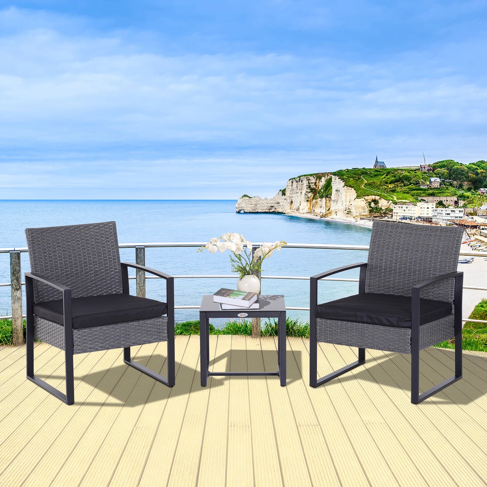 2 Seater Rattan Patio Set W/ Cushions-Grey/Black