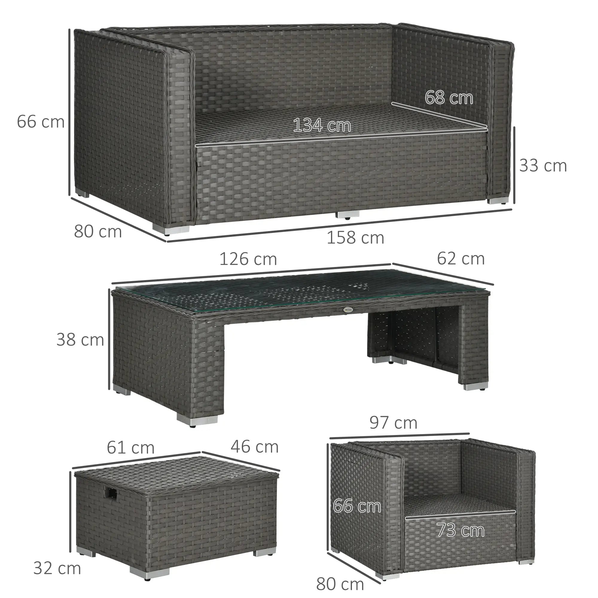 6PC Garden Rattan Sofa Set Bonzer Outdoor Furniture Patio Table Loveseat Stool Lounging Ottoman Aluminium Frame Wicker Weave Conservatory Grey