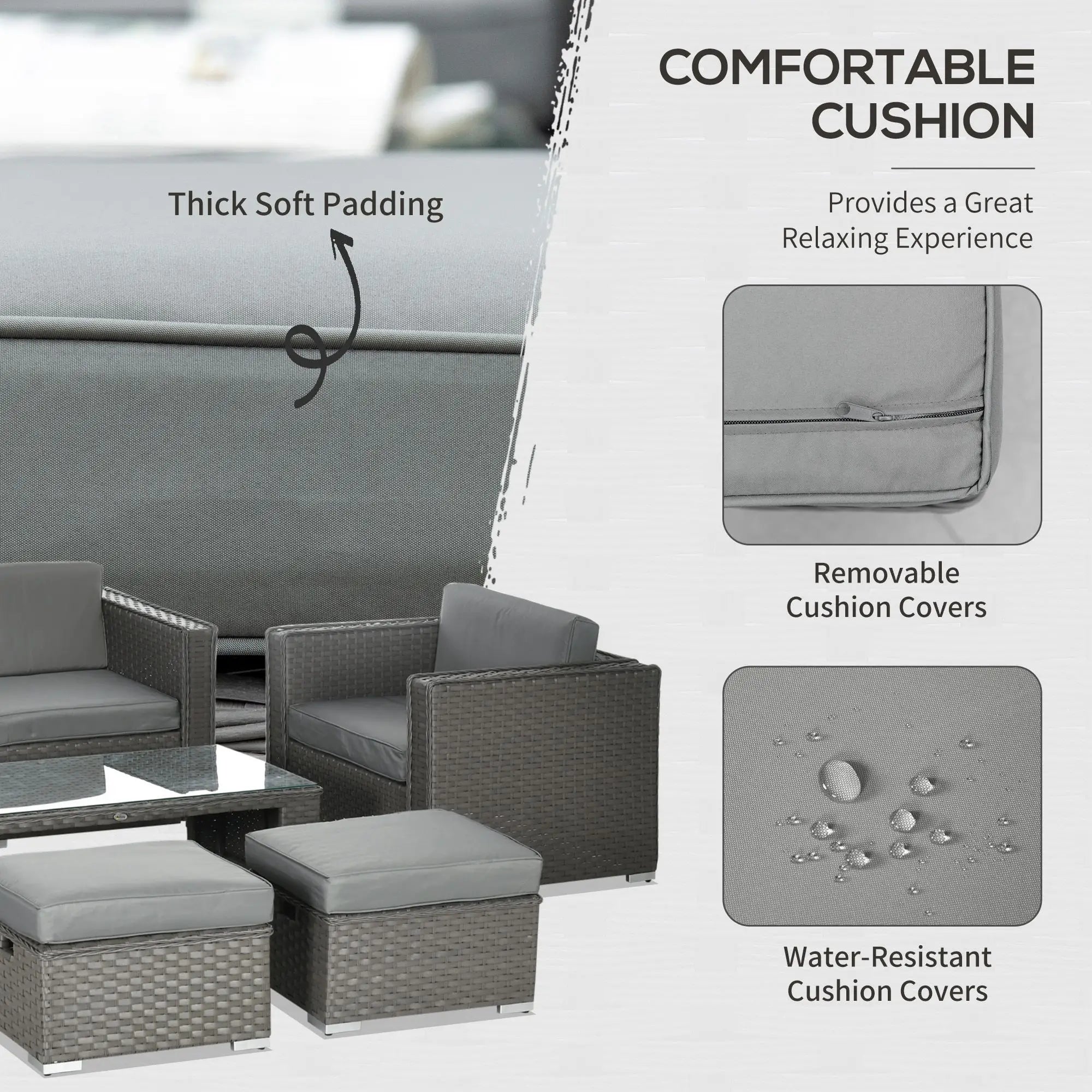 6PC Garden Rattan Sofa Set Bonzer Outdoor Furniture Patio Table Loveseat Stool Lounging Ottoman Aluminium Frame Wicker Weave Conservatory Grey
