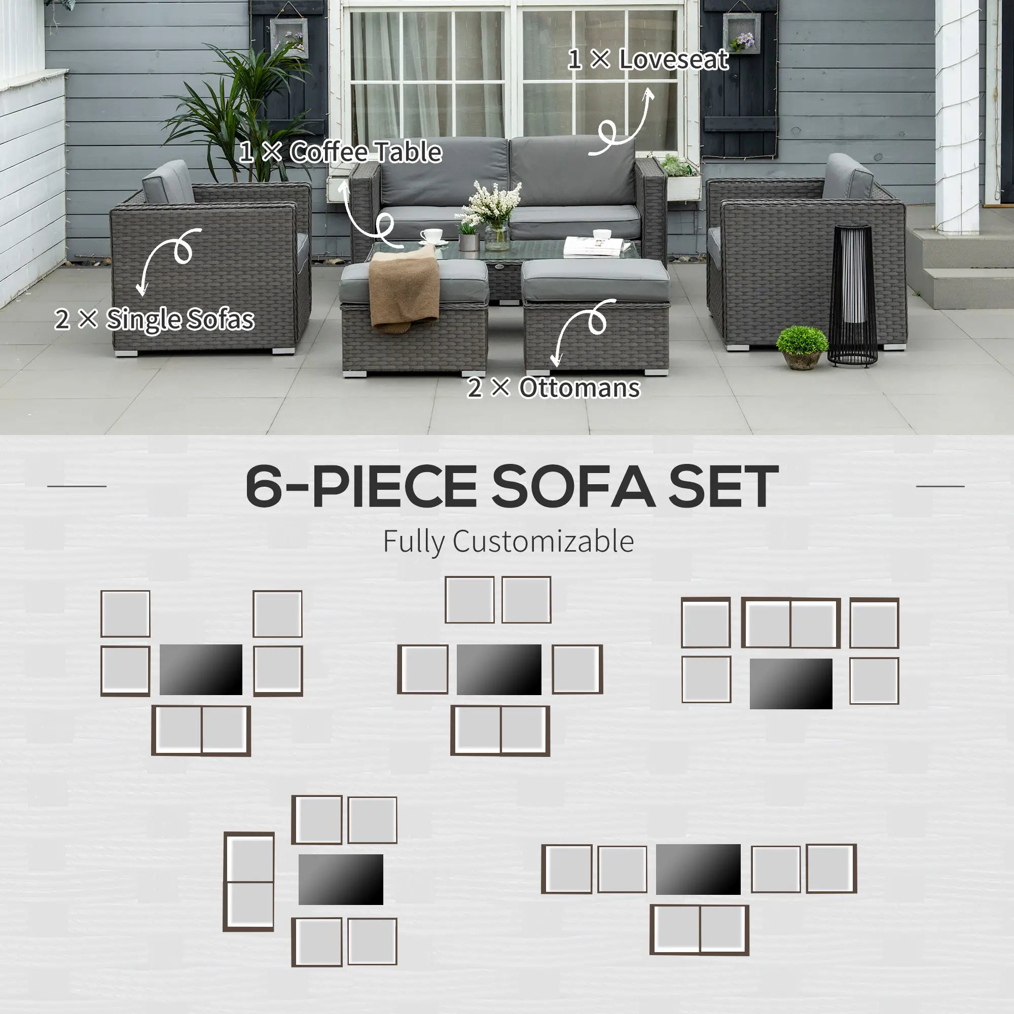 6PC Garden Rattan Sofa Set Bonzer Outdoor Furniture Patio Table Loveseat Stool Lounging Ottoman Aluminium Frame Wicker Weave Conservatory Grey