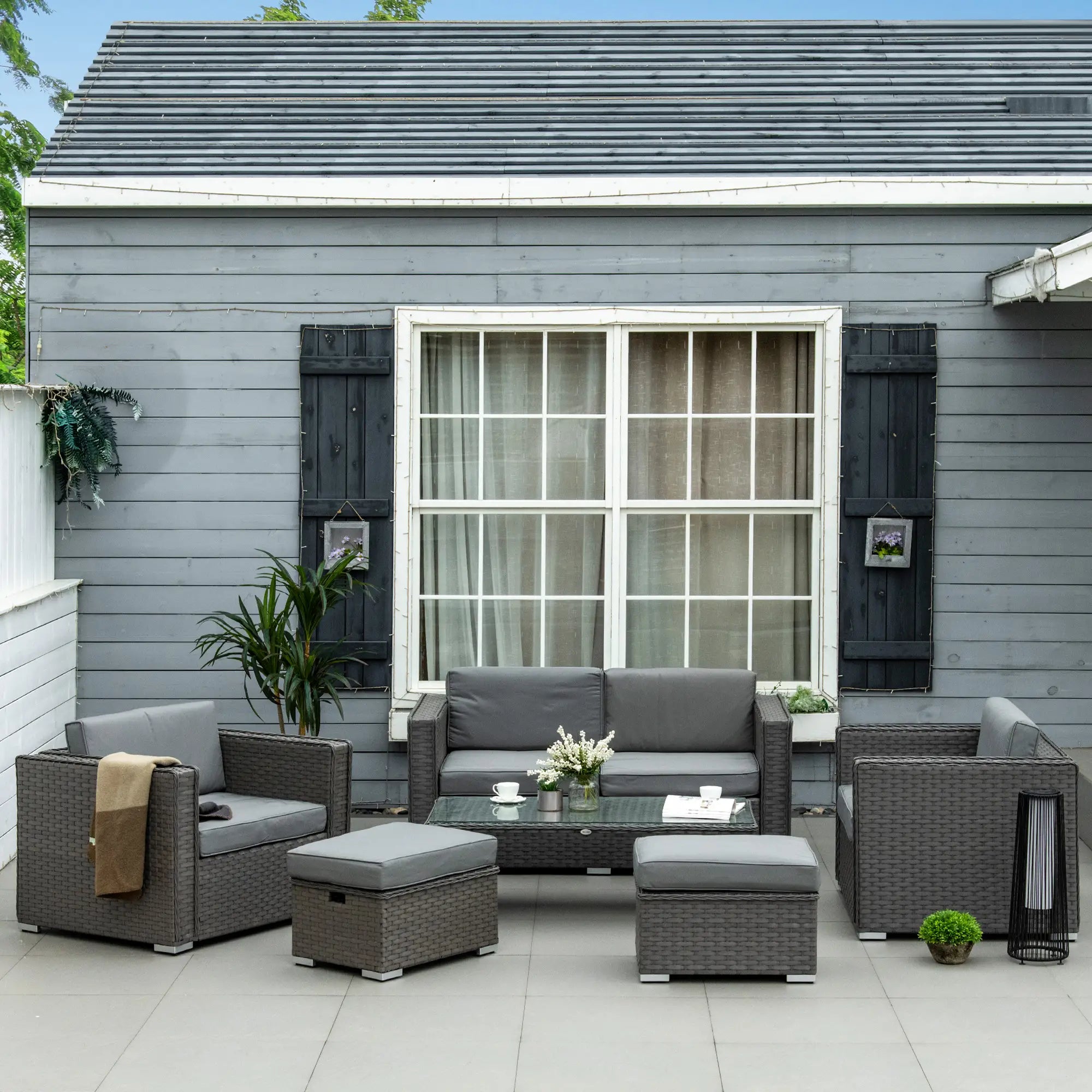 6PC Garden Rattan Sofa Set Bonzer Outdoor Furniture Patio Table Loveseat Stool Lounging Ottoman Aluminium Frame Wicker Weave Conservatory Grey
