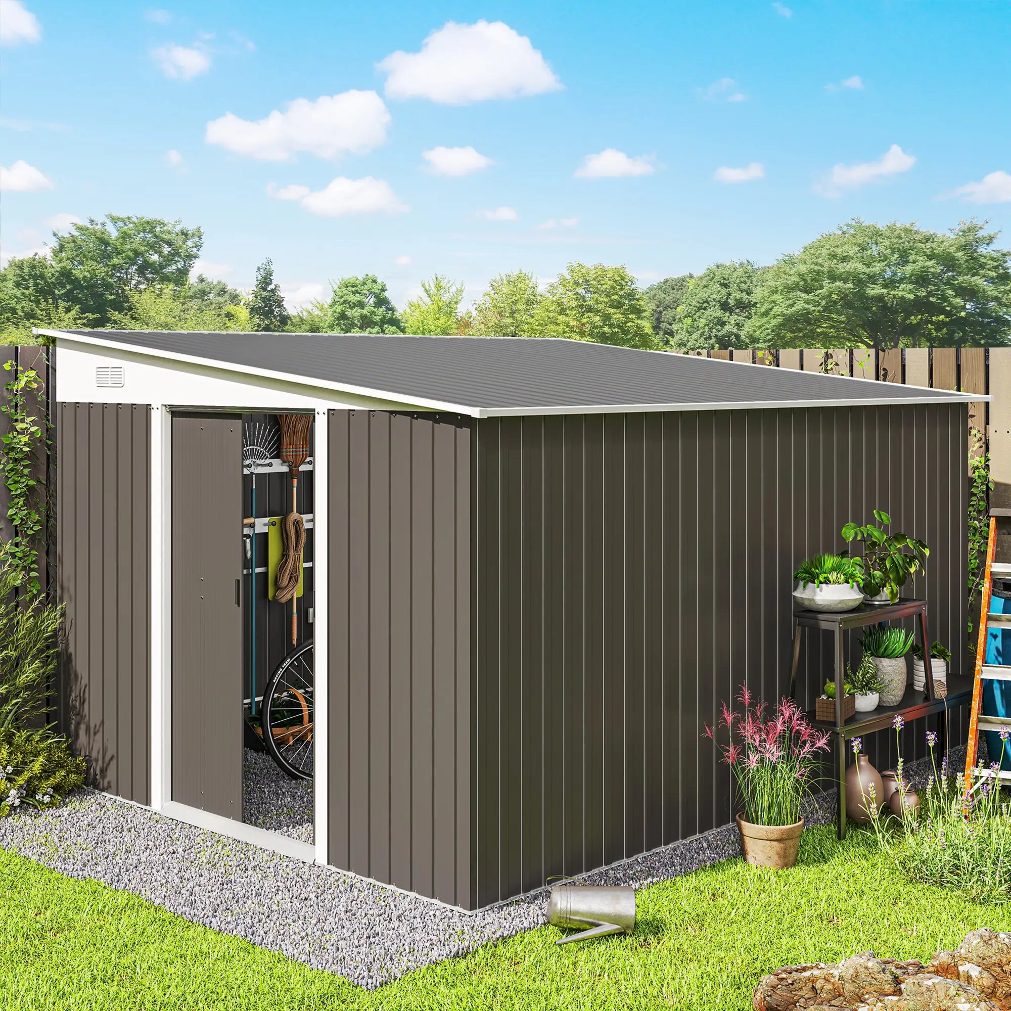 11.3 x 9.2ft Lean to Metal Garden Shed, Outdoor Galvanised Tool Storage House with Double Sliding Doors and 2 Air Vents, Grey