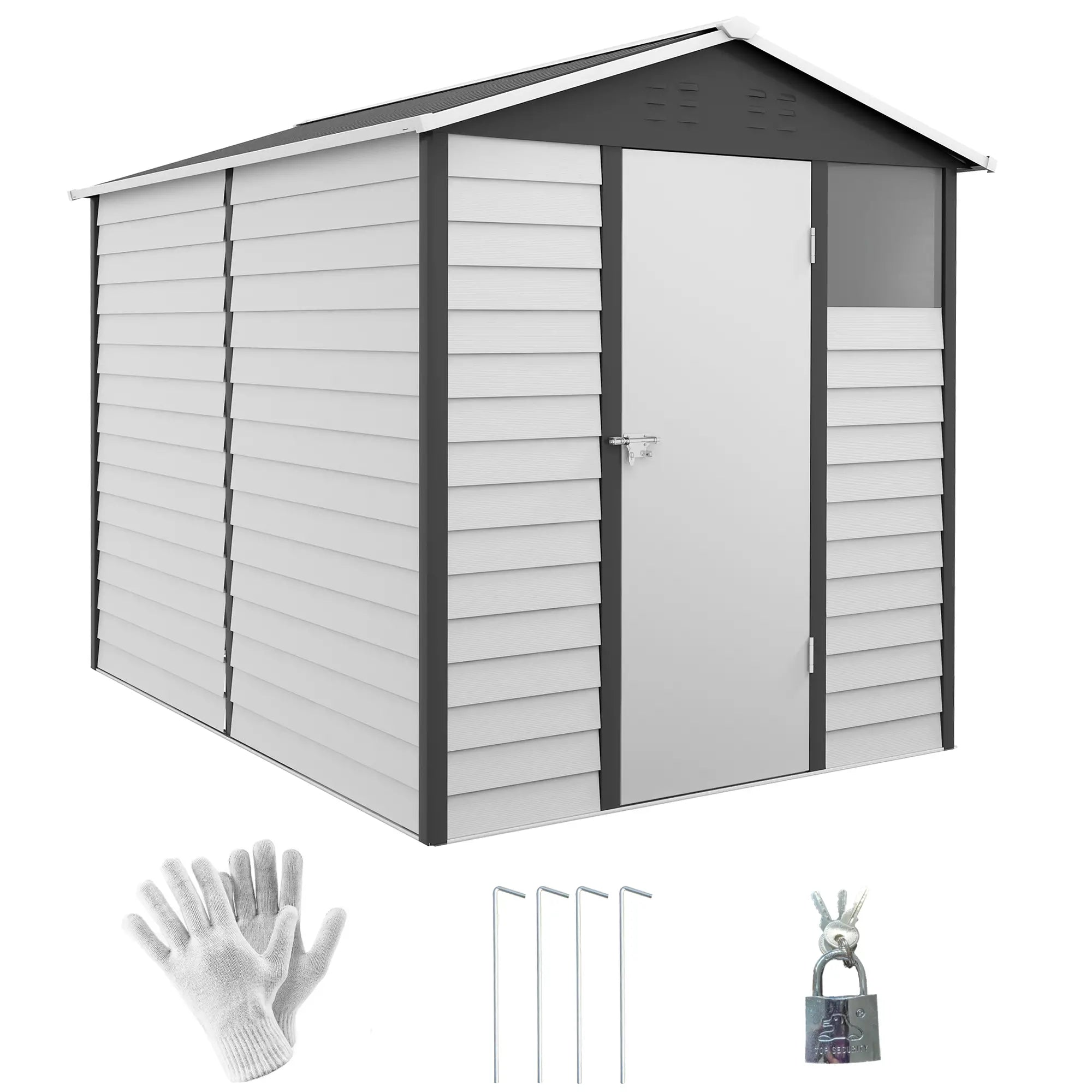 9 x 6FT Metal Outdoor Garden Shed, Galvanised Tool Storage Shed w/ Sloped Roof, Lockable Door for Patio Lawn, Dark Grey
