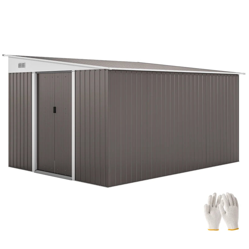 11.3 x 9.2ft Lean to Metal Garden Shed, Outdoor Galvanised Tool Storage House with Double Sliding Doors and 2 Air Vents, Grey