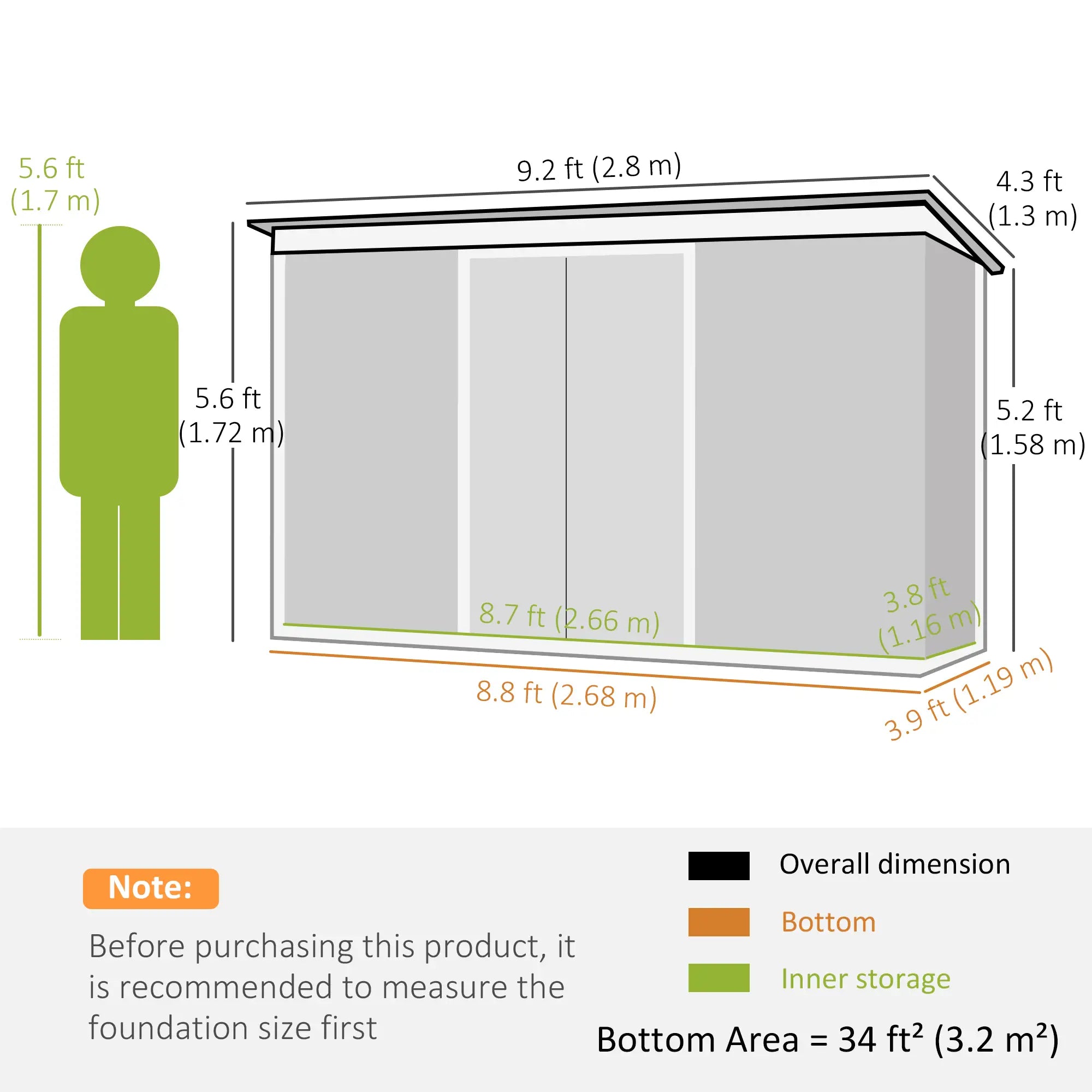 9ft x 4ft Metal Garden Shed, Outdoor Tool House with Foundation Kit, Ventilations and Double Doors, Dark Grey