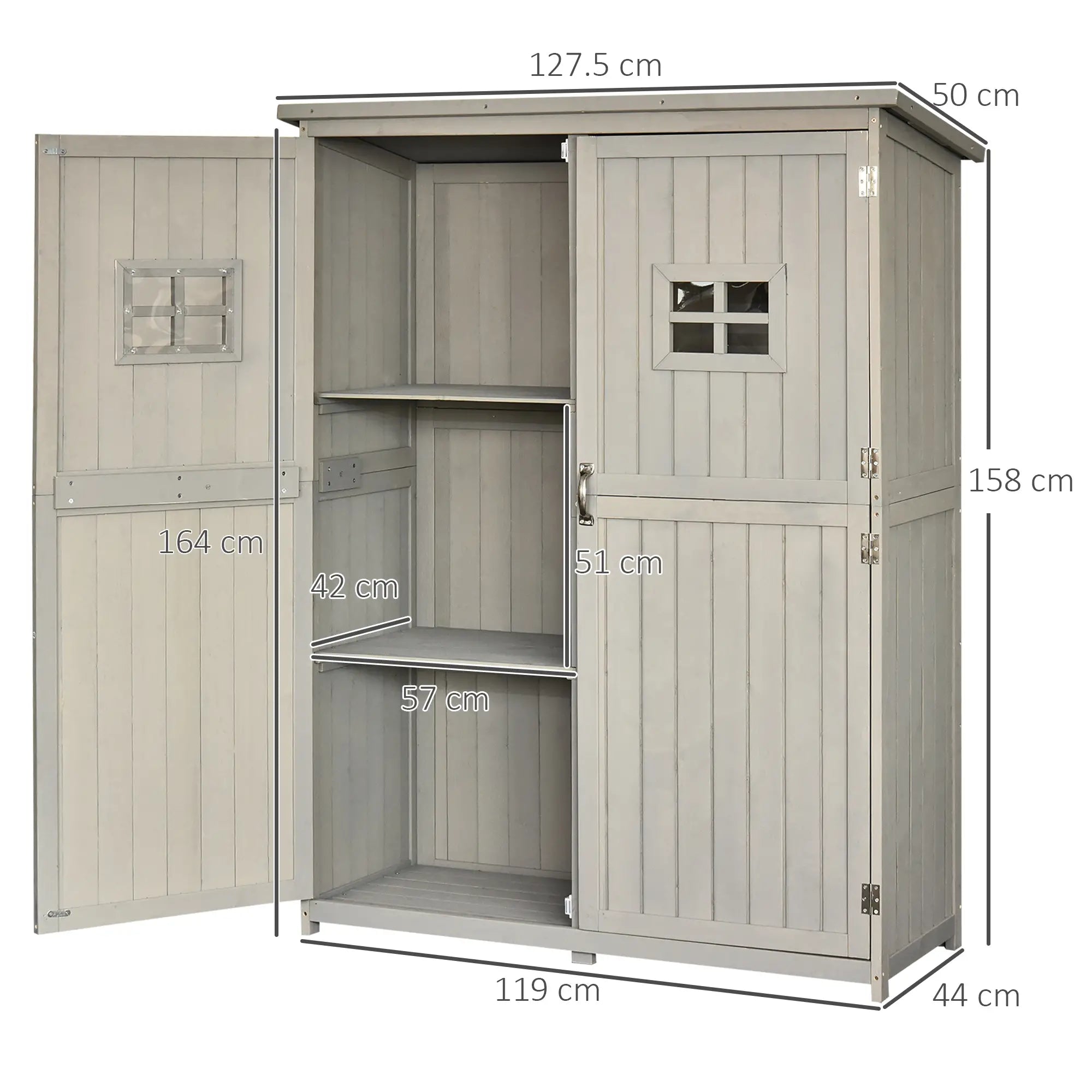 Wooden Garden Shed with Two Windows, Tool Storage Cabinet, Outdoor Double Door Organizer 127.5L x 50W x 164H cm, Grey