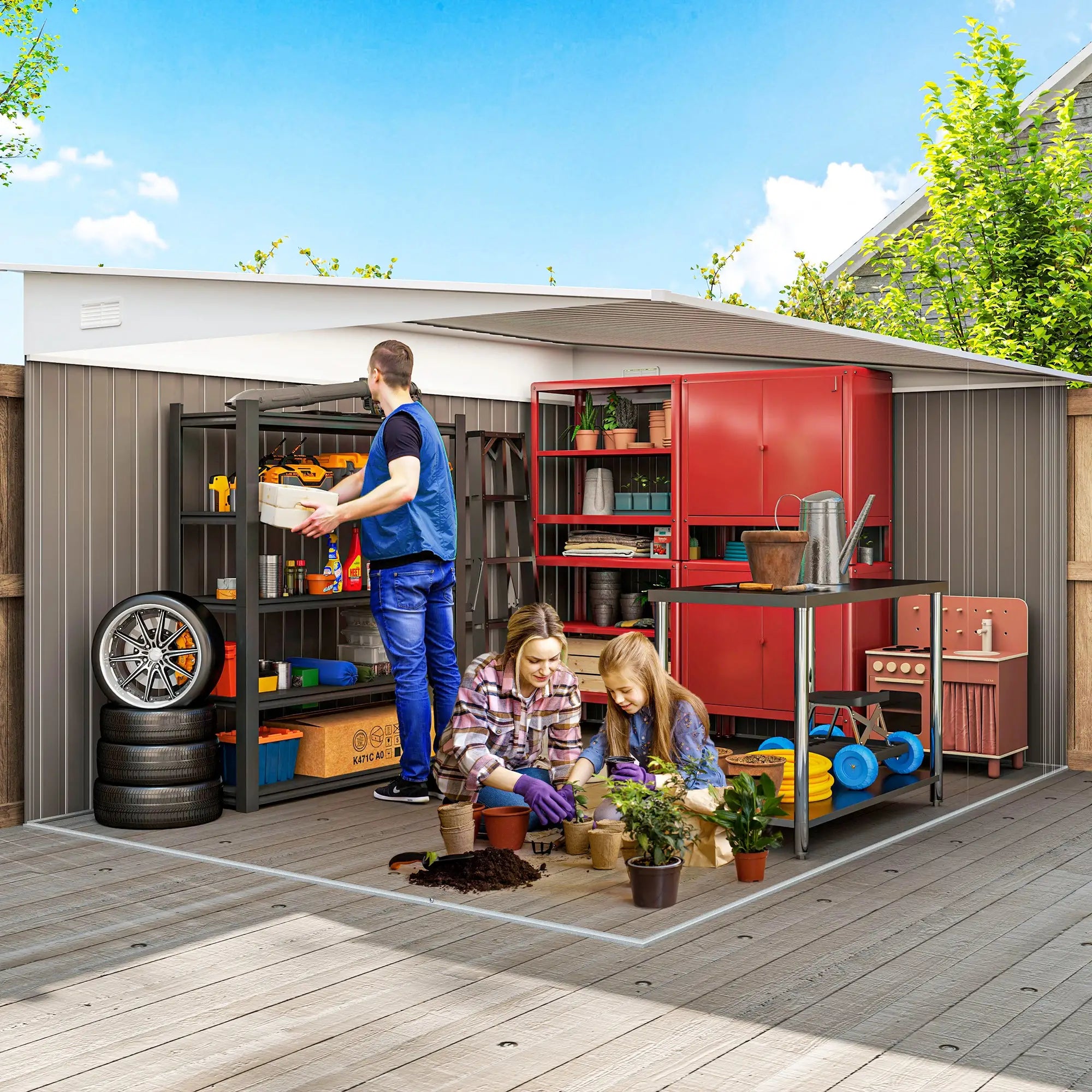 11.3 x 9.2ft Lean to Metal Garden Shed, Outdoor Galvanised Tool Storage House with Double Sliding Doors and 2 Air Vents, Grey