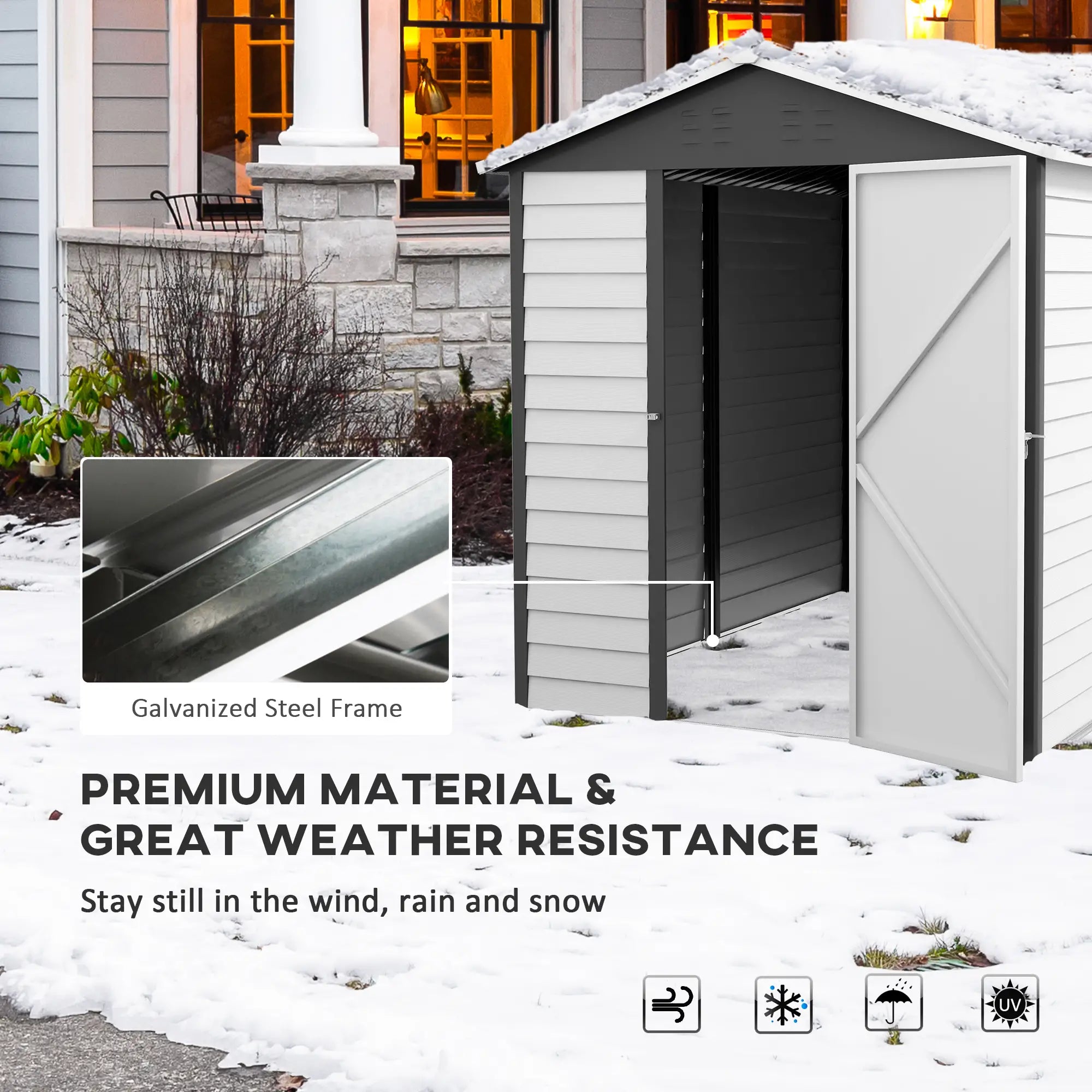 9 x 6FT Metal Outdoor Garden Shed, Galvanised Tool Storage Shed w/ Sloped Roof, Lockable Door for Patio Lawn, Dark Grey